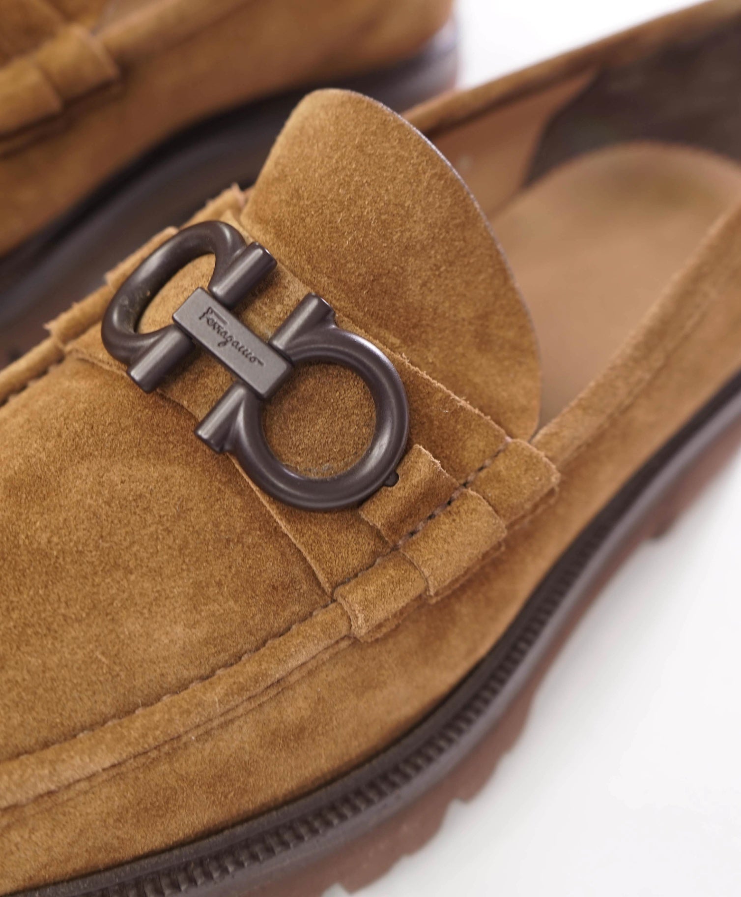 $930 FERRAGAMO - "BLEEKER" Brown Suede Lug Sole Loafers - 8 EE