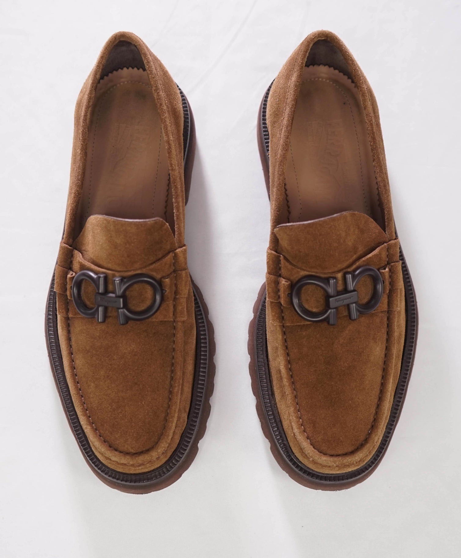 $930 FERRAGAMO - "BLEEKER" Brown Suede Lug Sole Loafers - 8 EE