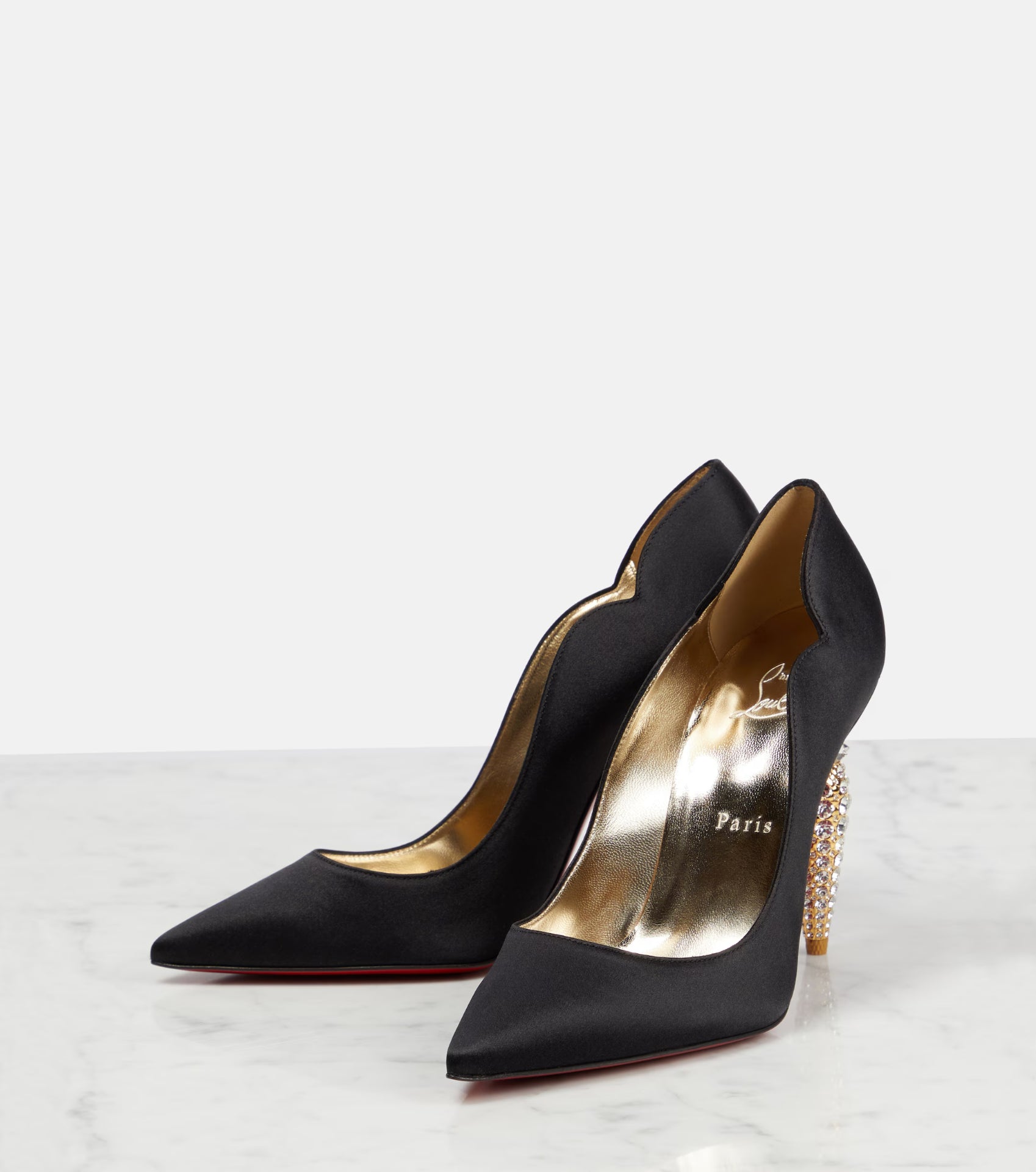 $1,495 CHRISTIAN LOUBOUTIN - Black Satin Crystal Embellished 100mm *HOT CHICK* Pumps - US 7 (37EU)