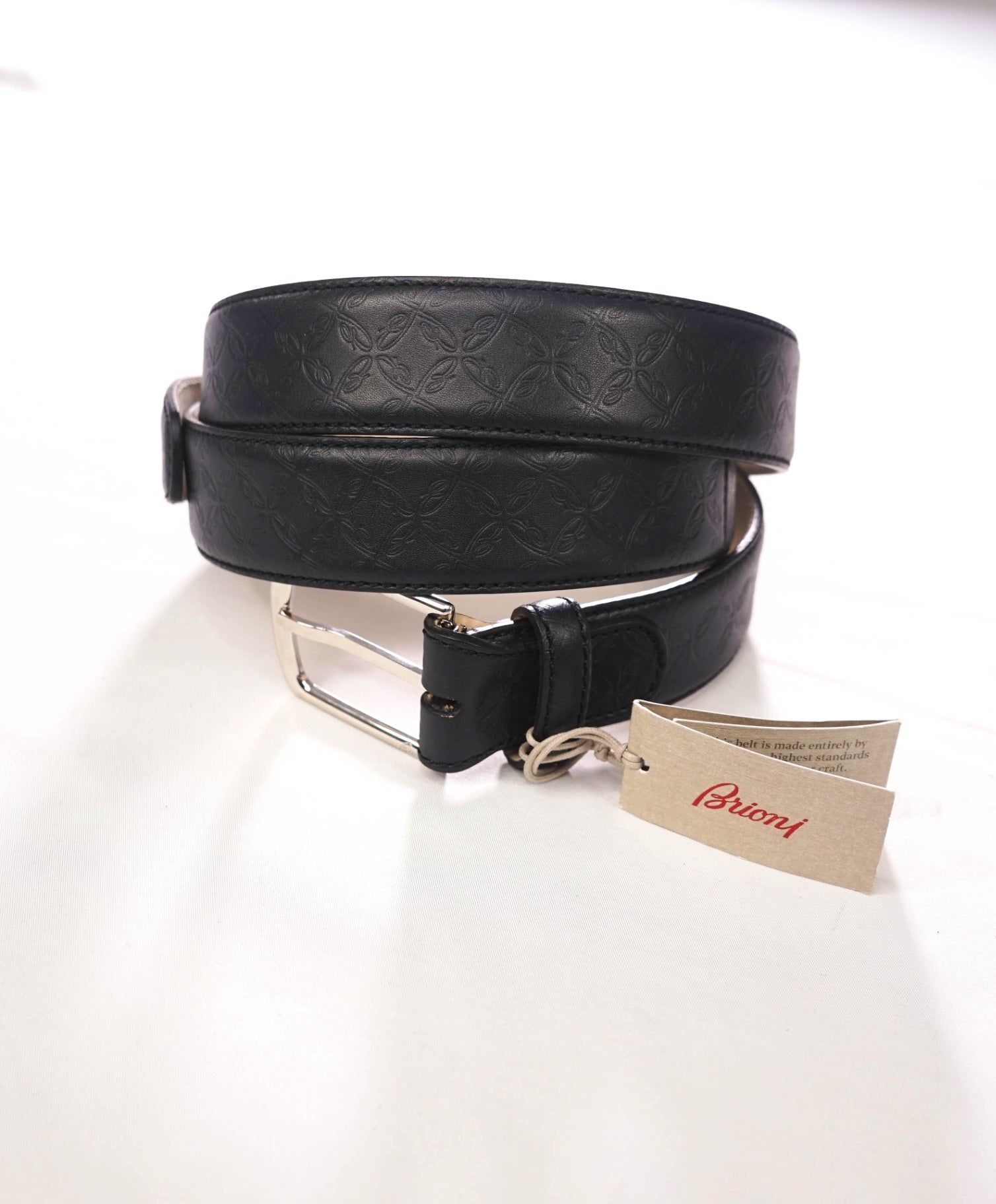 $850 BRIONI - Navy Blue Logo Texture Genuine Leather Belt - 43W