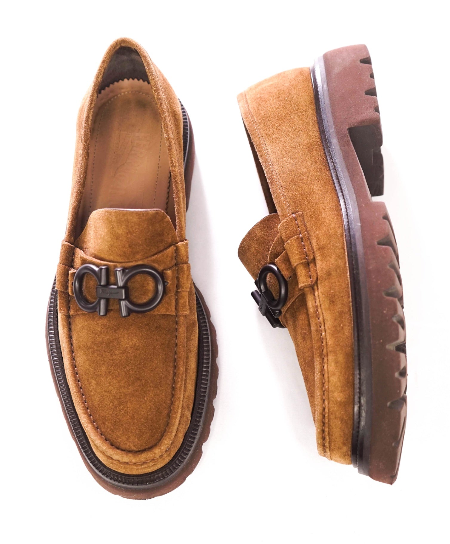 $930 FERRAGAMO - "BLEEKER" Brown Suede Lug Sole Loafers - 8 EE