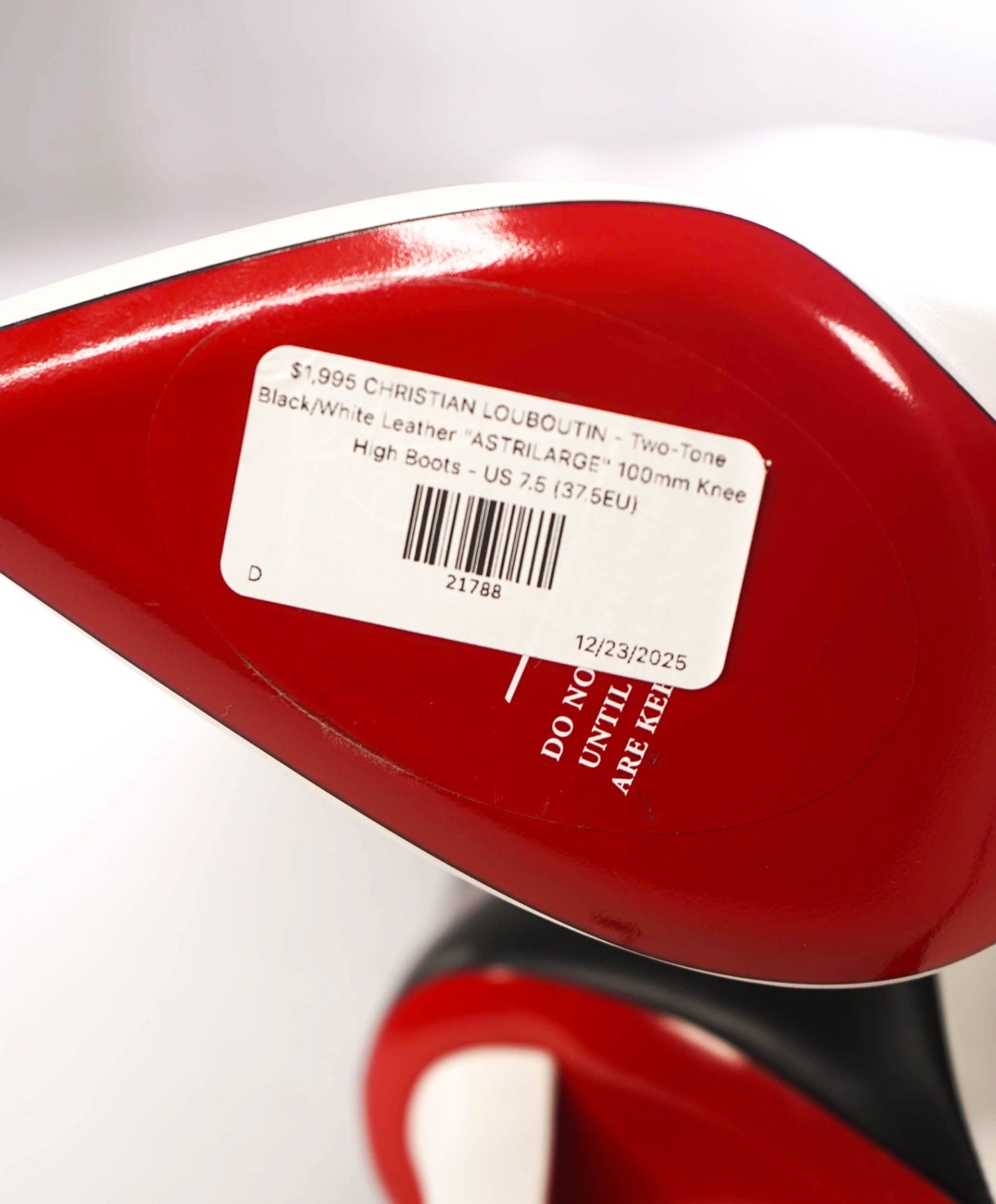 $1,995 CHRISTIAN LOUBOUTIN - Two-Tone Black/White Leather "ASTRILARGE" 100mm Knee High Boots - US 7.5 (37.5EU)