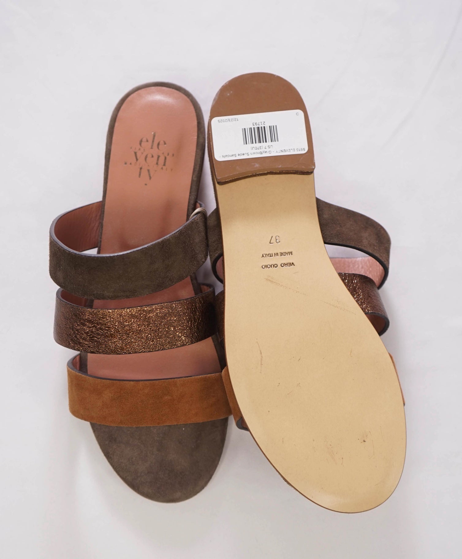 $515 ELEVENTY - Gray/Brown Suede Strappy Sandals - US 7 (37EU)