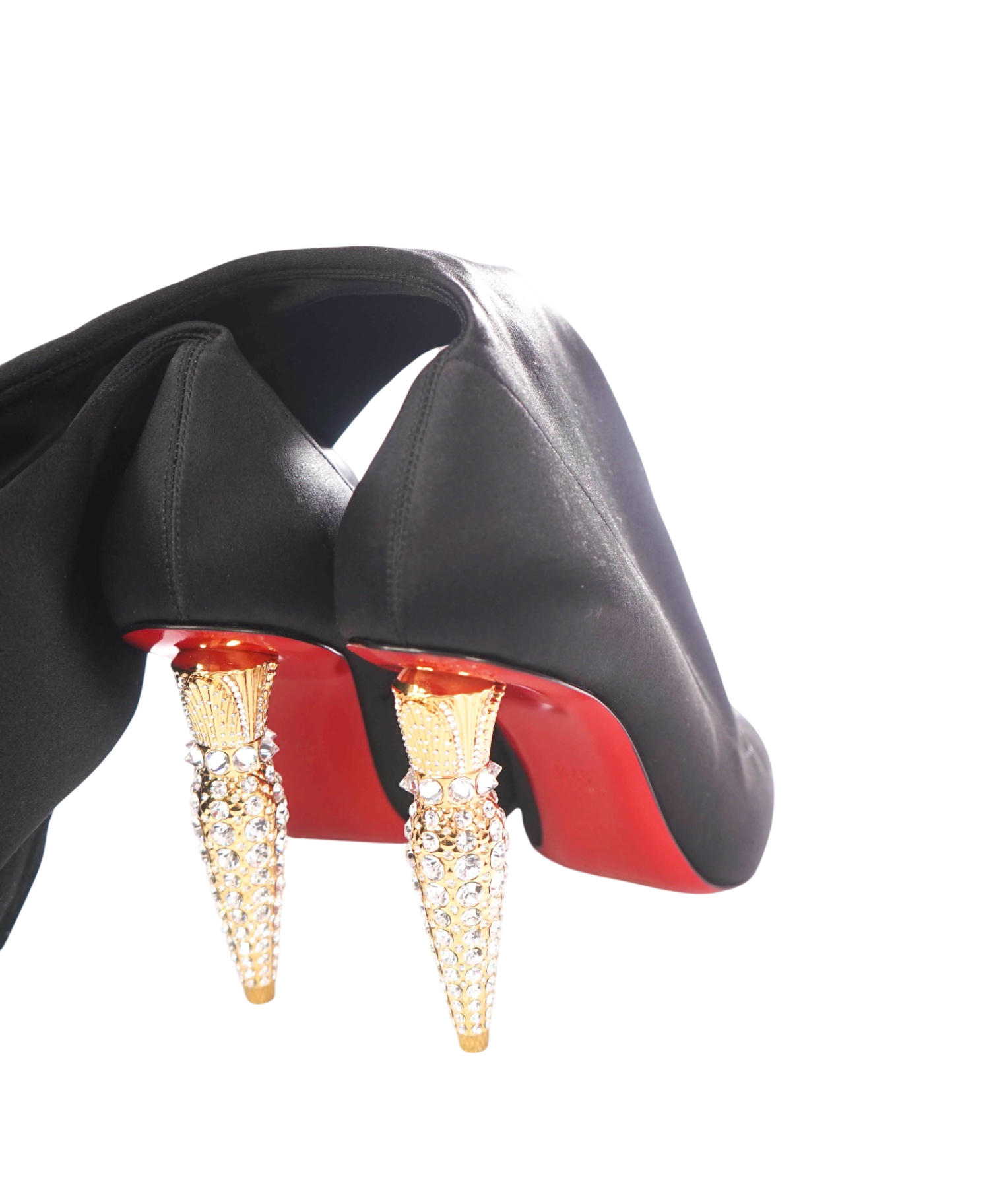 $3,495 CHRISTIAN LOUBOUTIN - Black Satin "LIPSTRASS BOTTA ALTA" 100mm Thigh Boots - US 7.5 (37.5EU)
