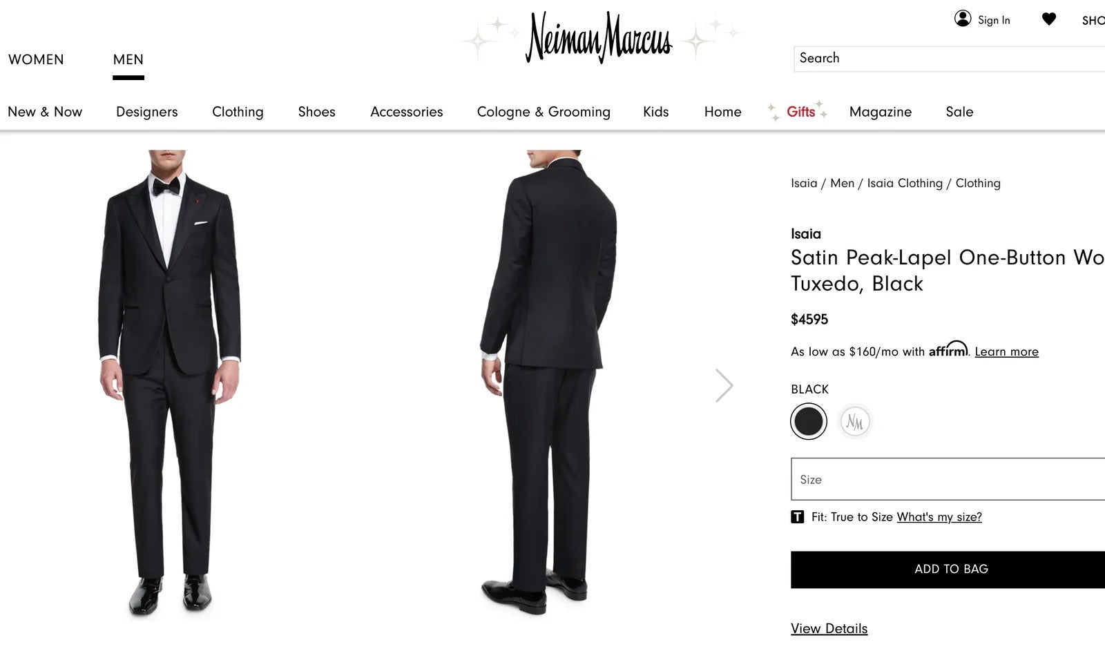 $4,595 ISAIA - "AQUASPIDER" Solid Black Wool Peak Lapel Tuxedo - 44L