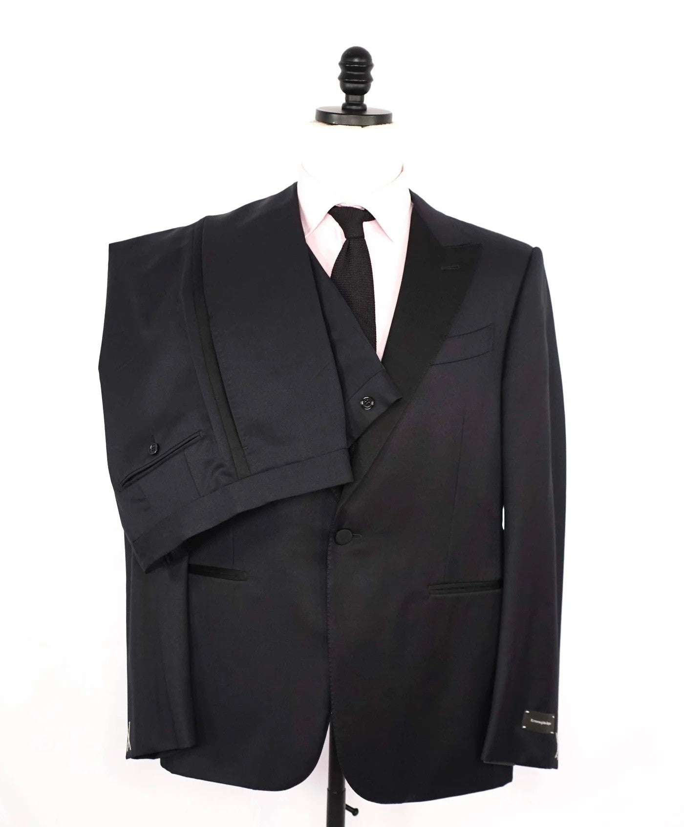 $3,995 ZEGNA - "MICROSPHERE" Solid Black Wool Peak Lapel Tuxedo - 46L