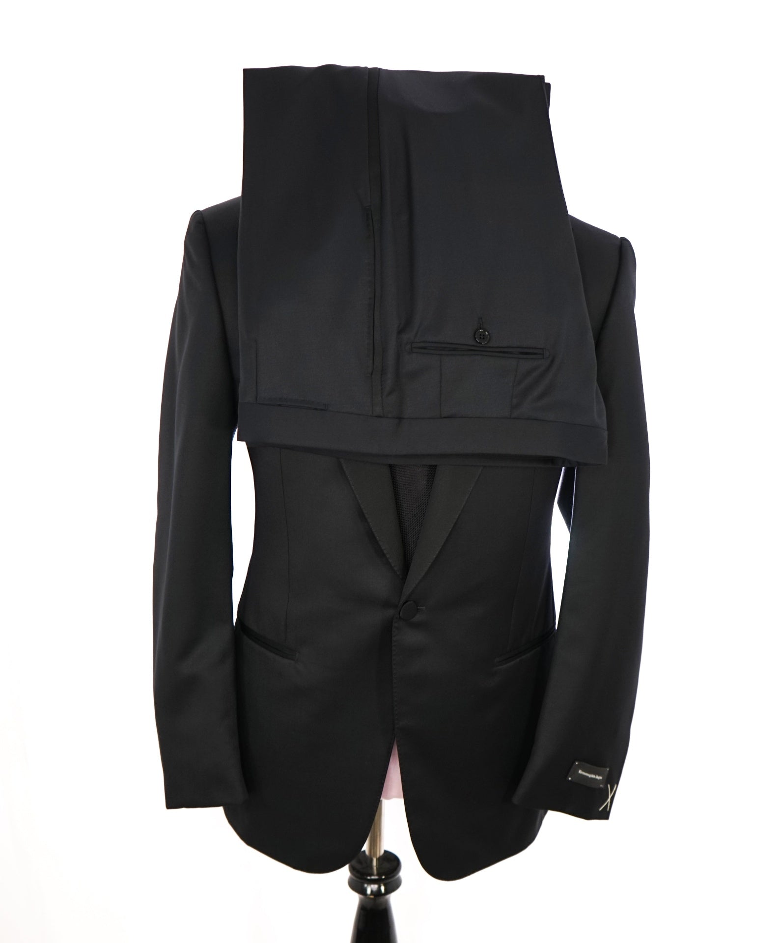 $3,995 ZEGNA - "MICROSPHERE" Solid Black Wool Peak Lapel Tuxedo - 46L