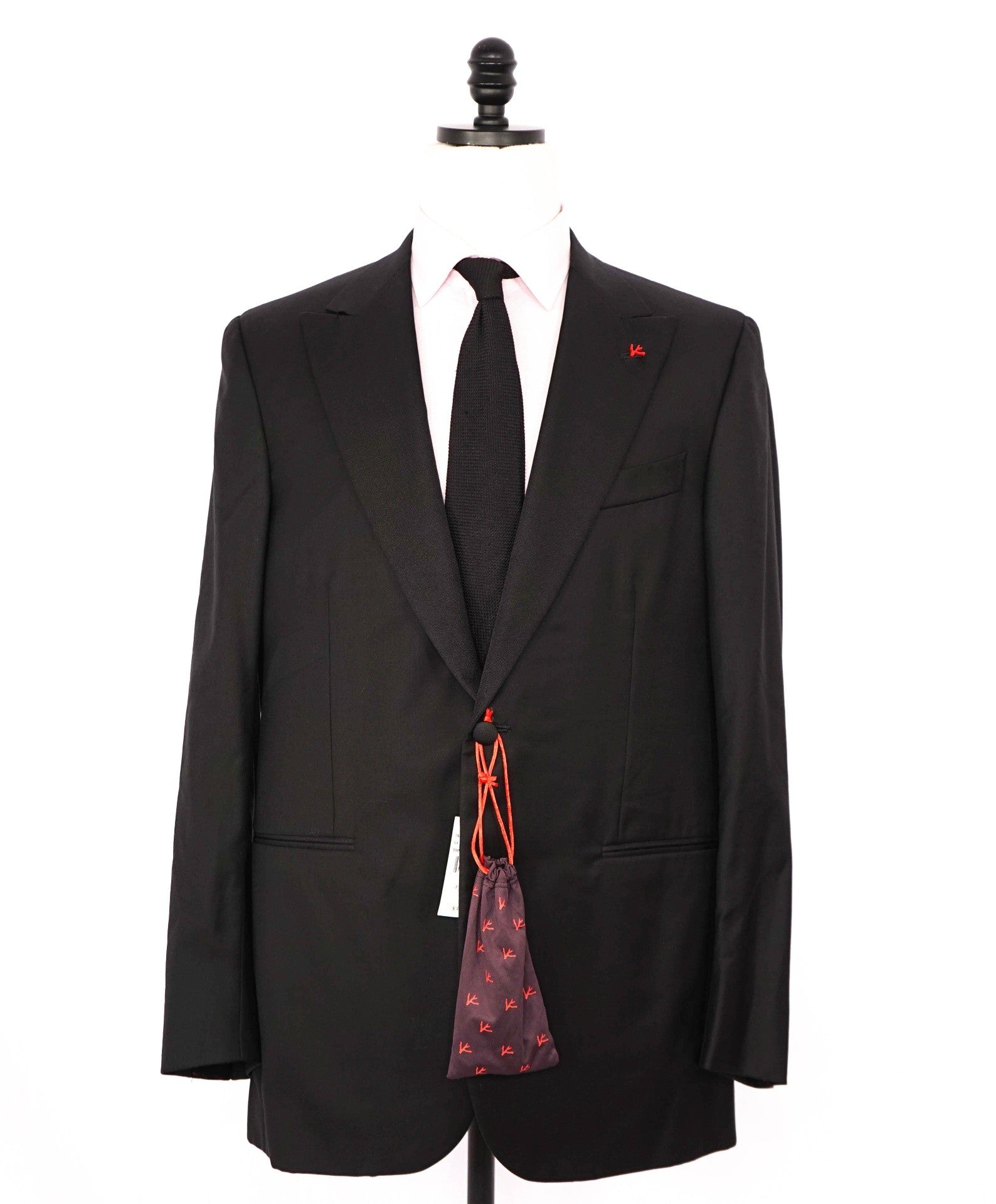 $4,595 ISAIA - "AQUASPIDER" Solid Black Wool Peak Lapel Tuxedo - 44L