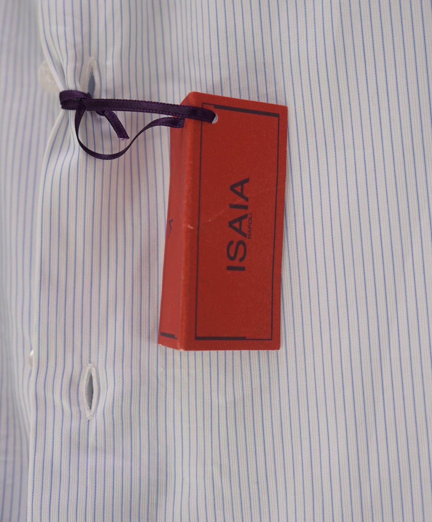$450 ISAIA - White / Blue Pencil Stripe Cotton Shirt - M