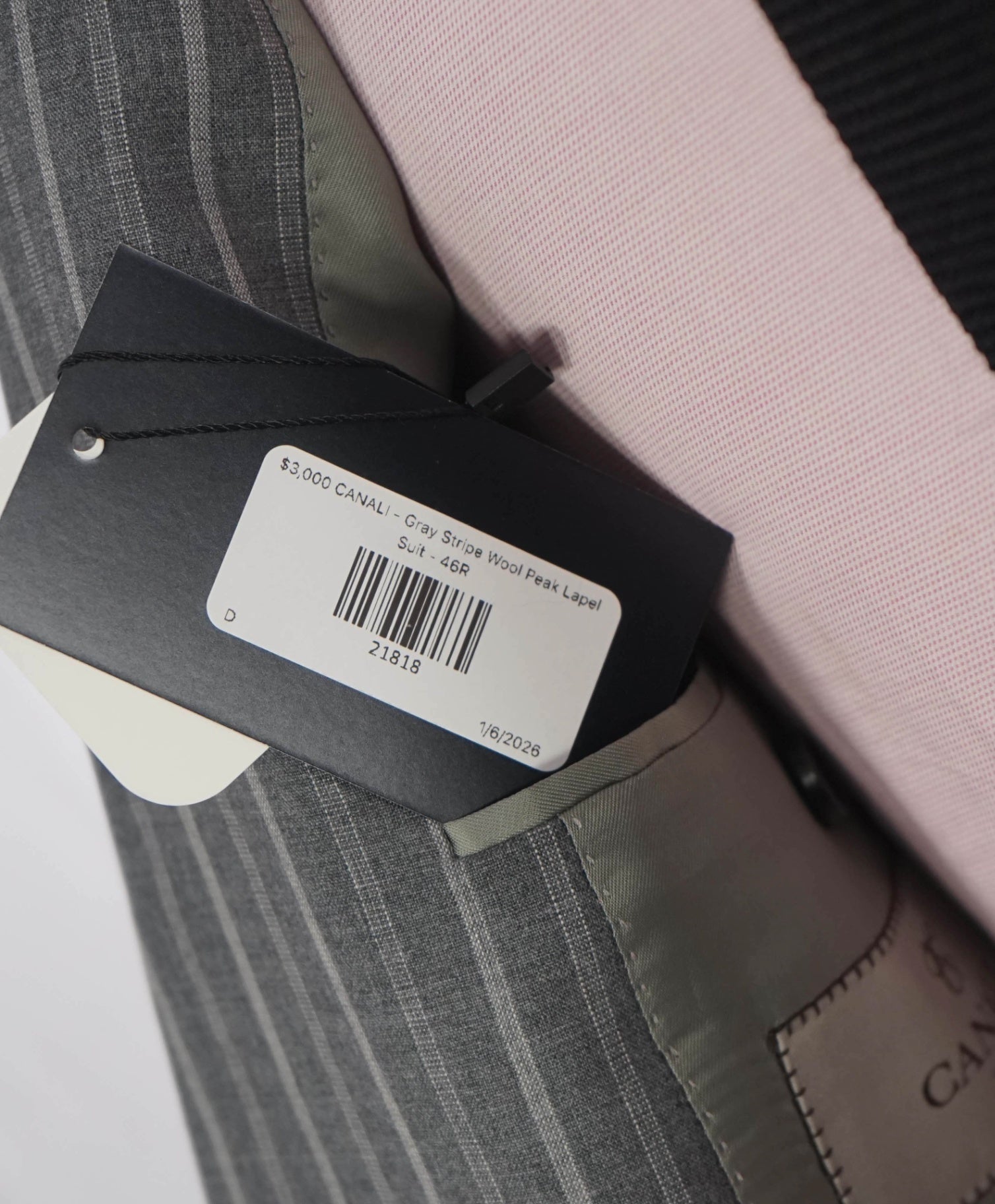 $2,395 CANALI - Gray Chalk Stripe Wool Peak Lapel Suit - 46R