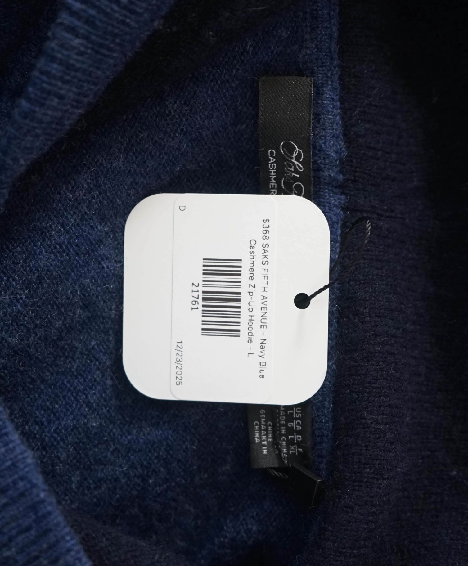 $368 SAKS FIFTH AVENUE - Blue 100% Cashmere Zip-Up Hoodie - L