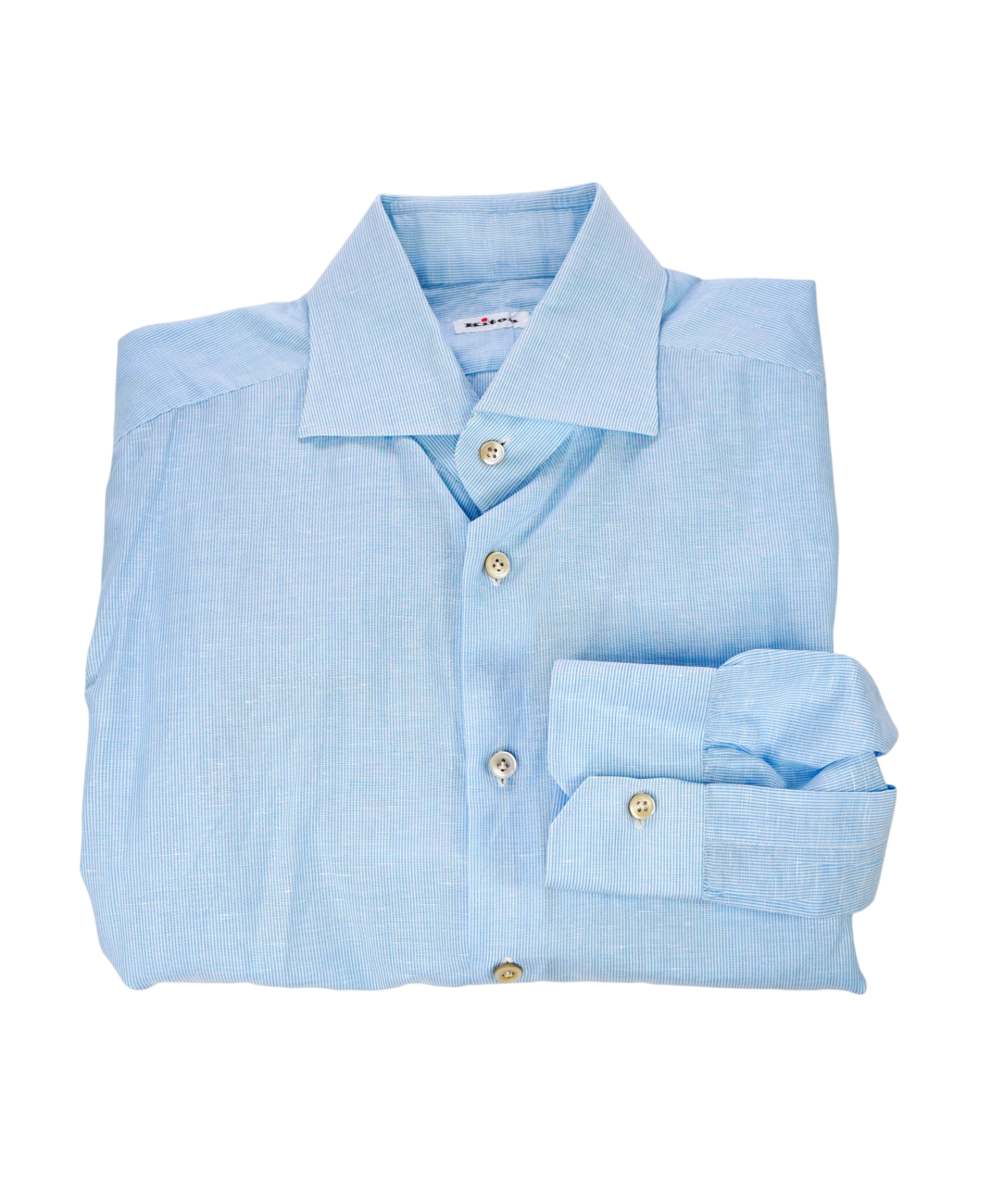 $995 KITON - Light Blue Striped Cotton/Linen Shirt - 17.5 / 44