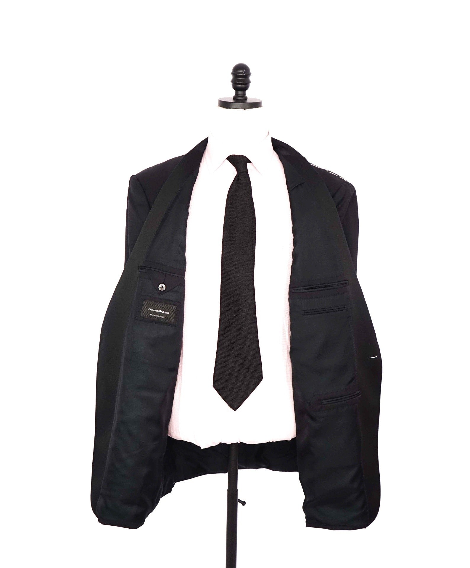 $3,995 ZEGNA - "MICROSPHERE" Solid Black Wool Peak Lapel Tuxedo - 46S