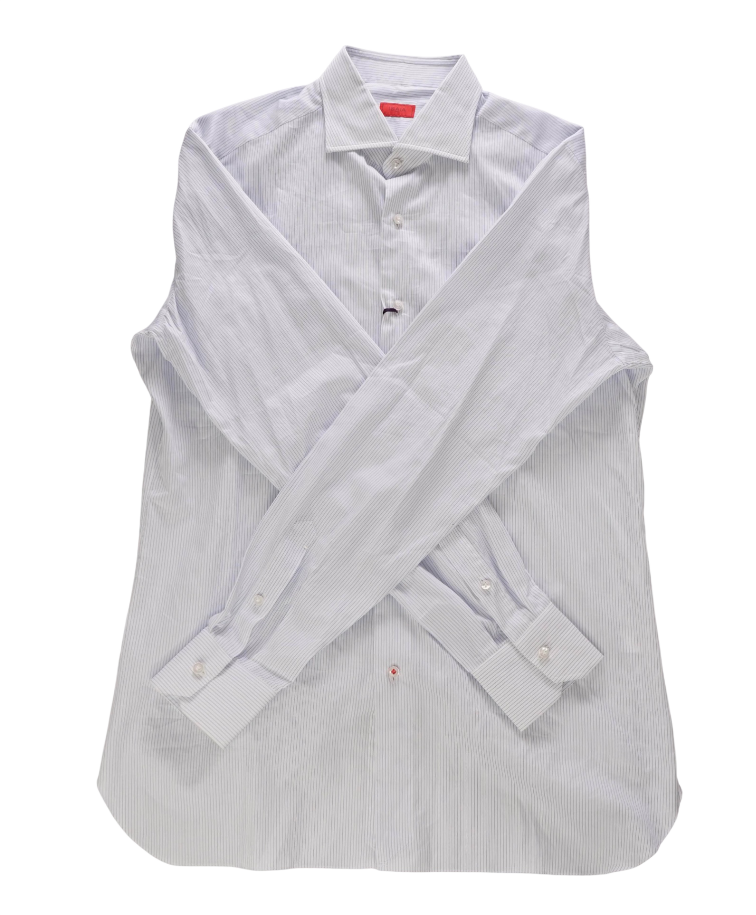 $450 ISAIA - White / Blue Pencil Stripe Cotton Shirt - M
