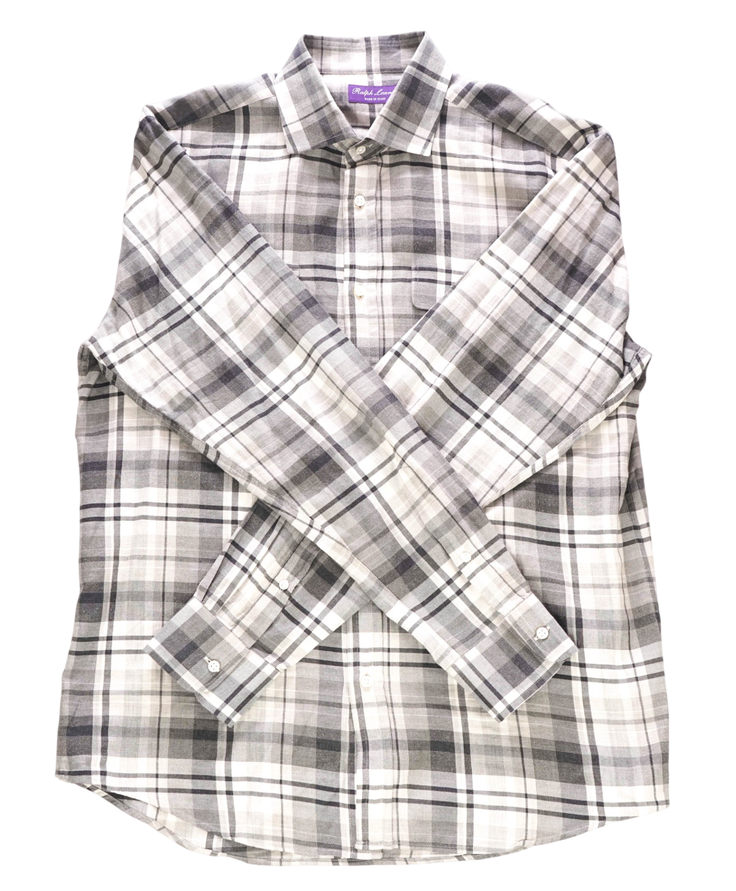 $895 RALPH LAUREN PURPLE LABEL - Gray Plaid Cotton/Cashmere Shirt - L