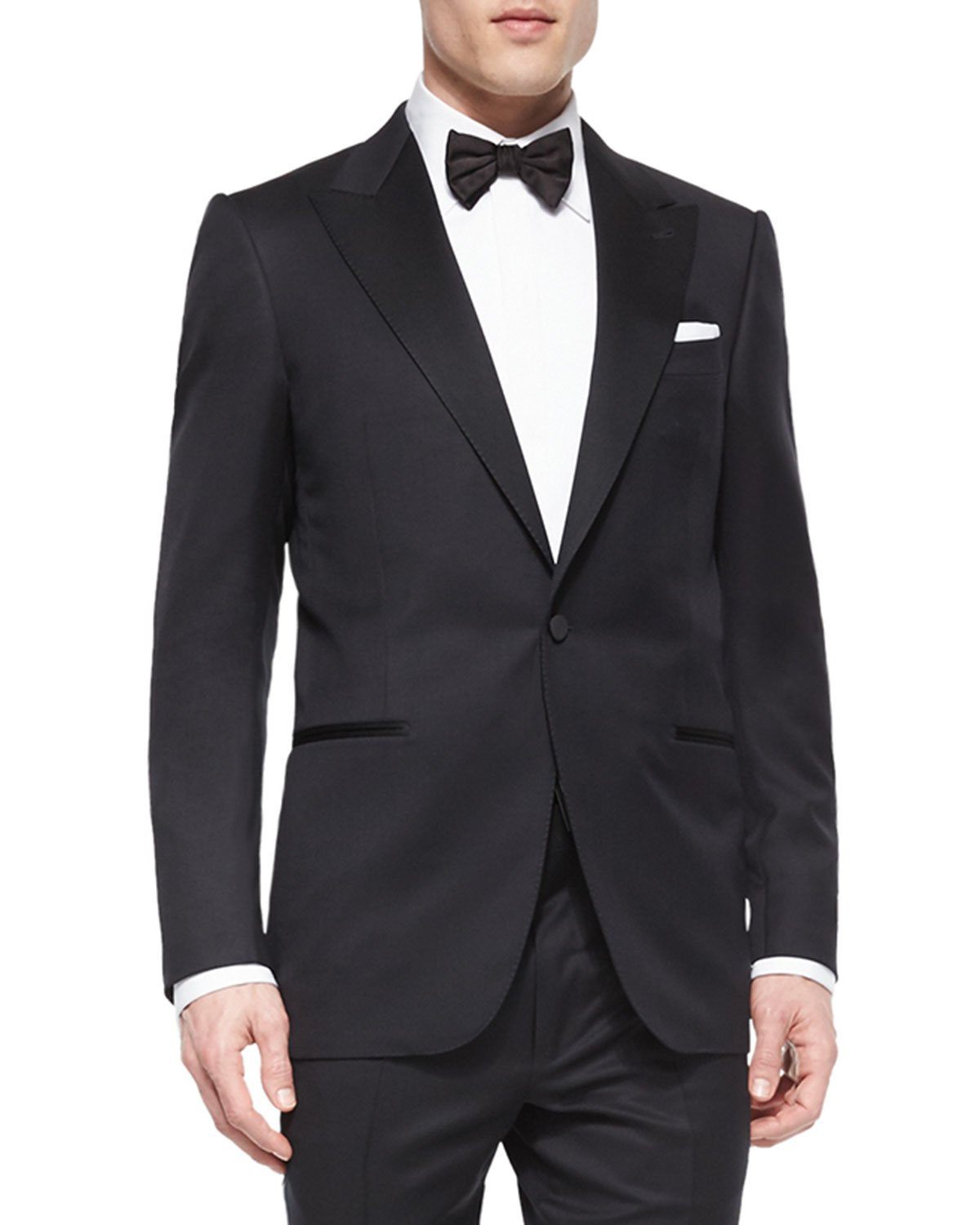 $3,995 ZEGNA - "MICROSPHERE" Solid Black Wool Peak Lapel Tuxedo - 46L