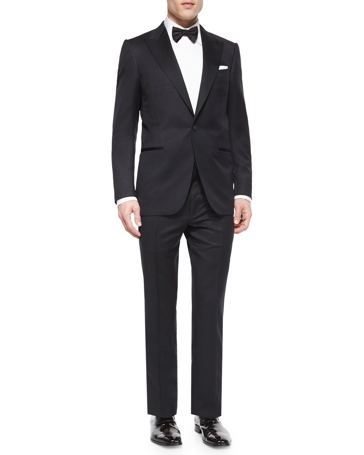 $3,995 ZEGNA - "MICROSPHERE" Solid Black Wool Peak Lapel Tuxedo - 46S