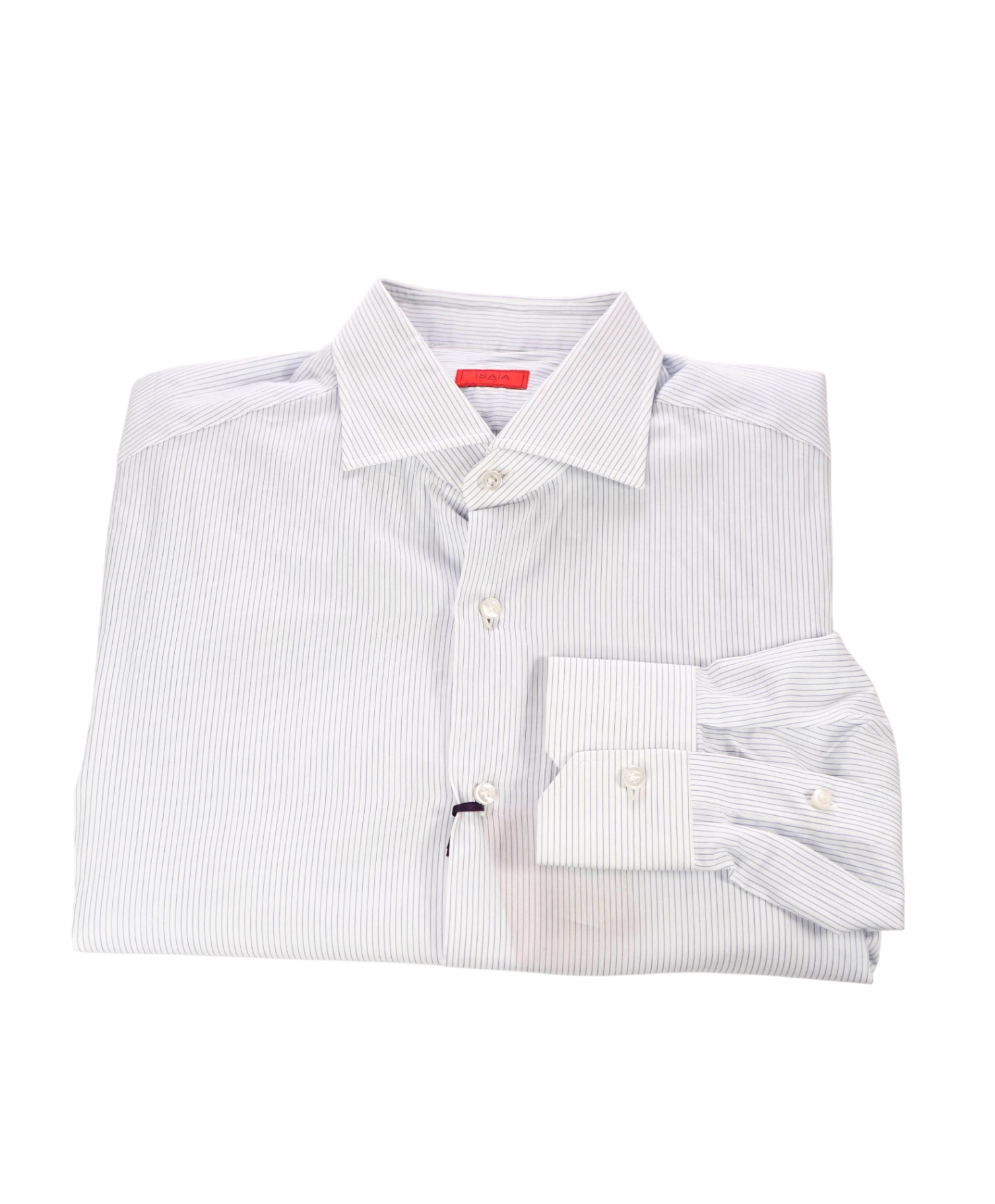 $450 ISAIA - White / Blue Pencil Stripe Cotton Shirt - M