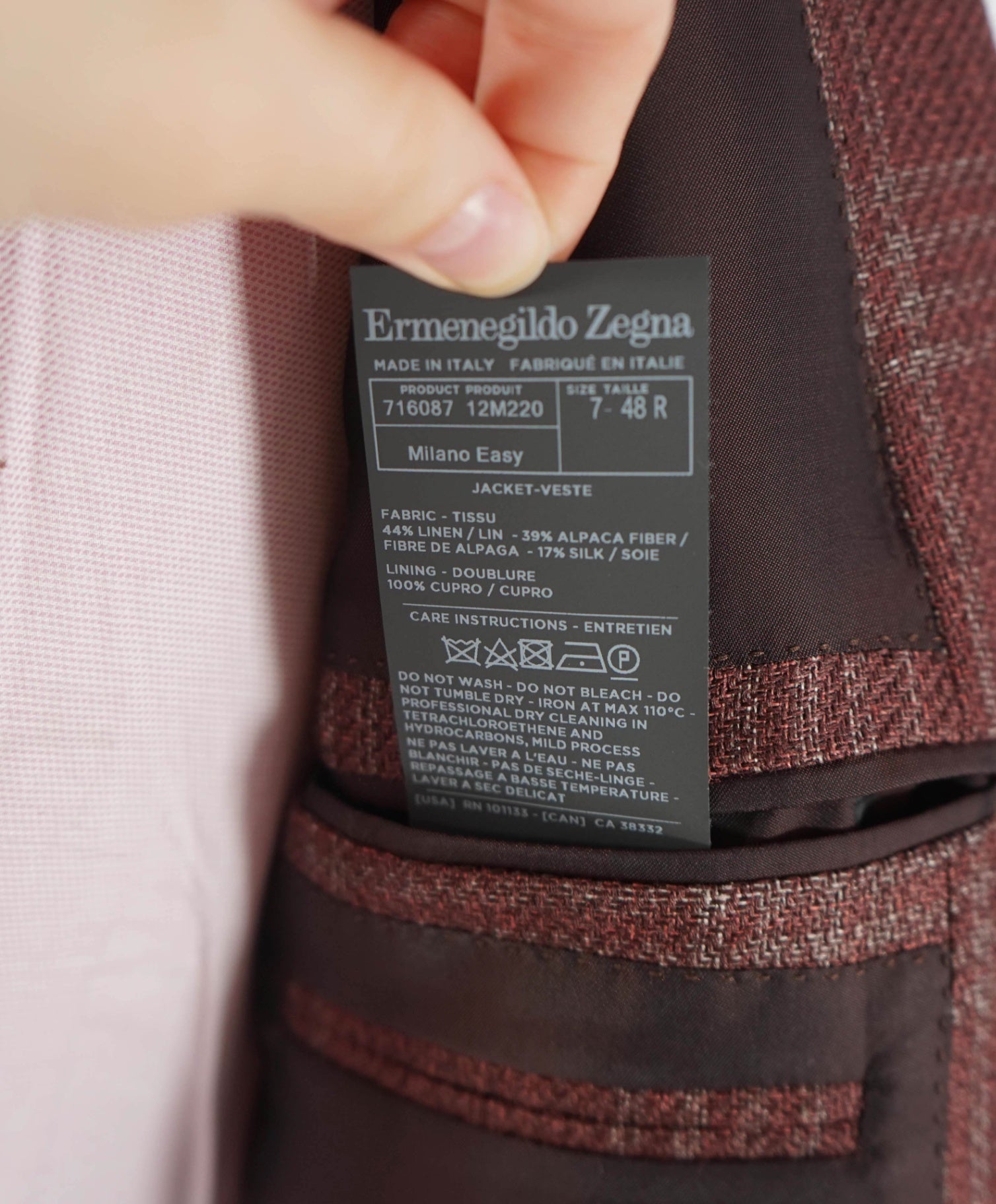 $2,695 ZEGNA - Red Plaid Linen/Alpaca/Silk Blazer - 38R