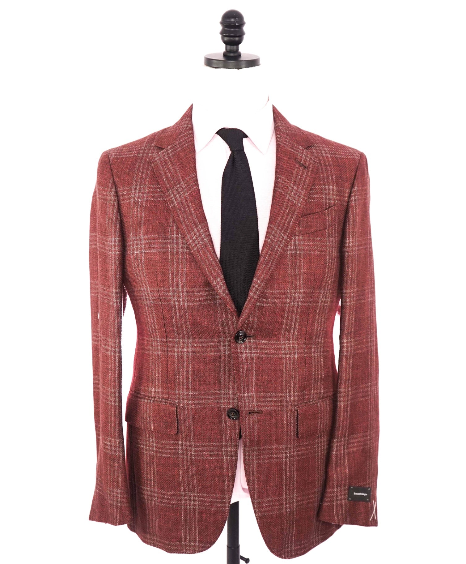 $2,695 ZEGNA - Red Plaid Linen/Alpaca/Silk Blazer - 38R