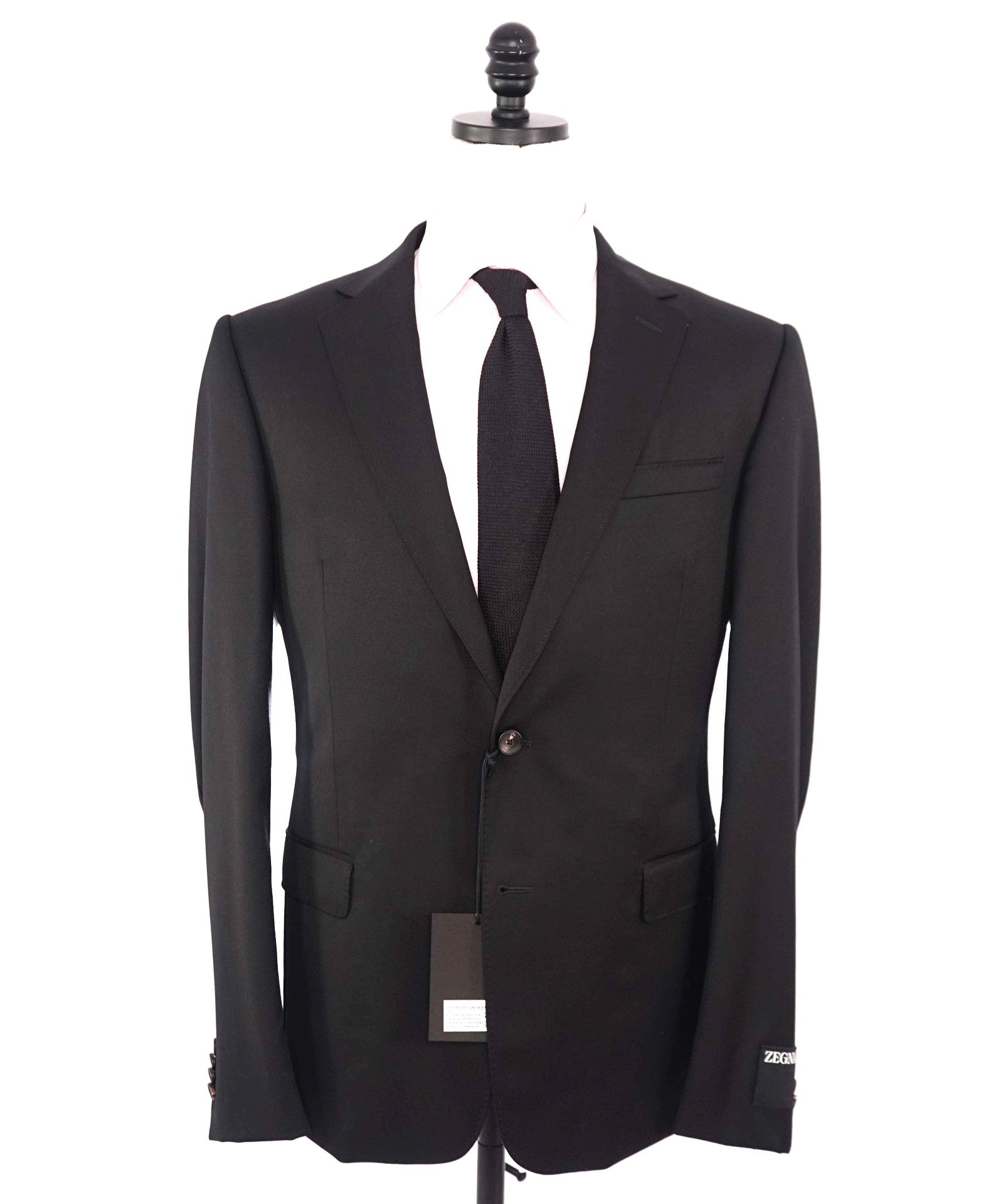 $3,750 ZEGNA - Solid Black Notch Lapel 2-Btn Wool Suit - 44R