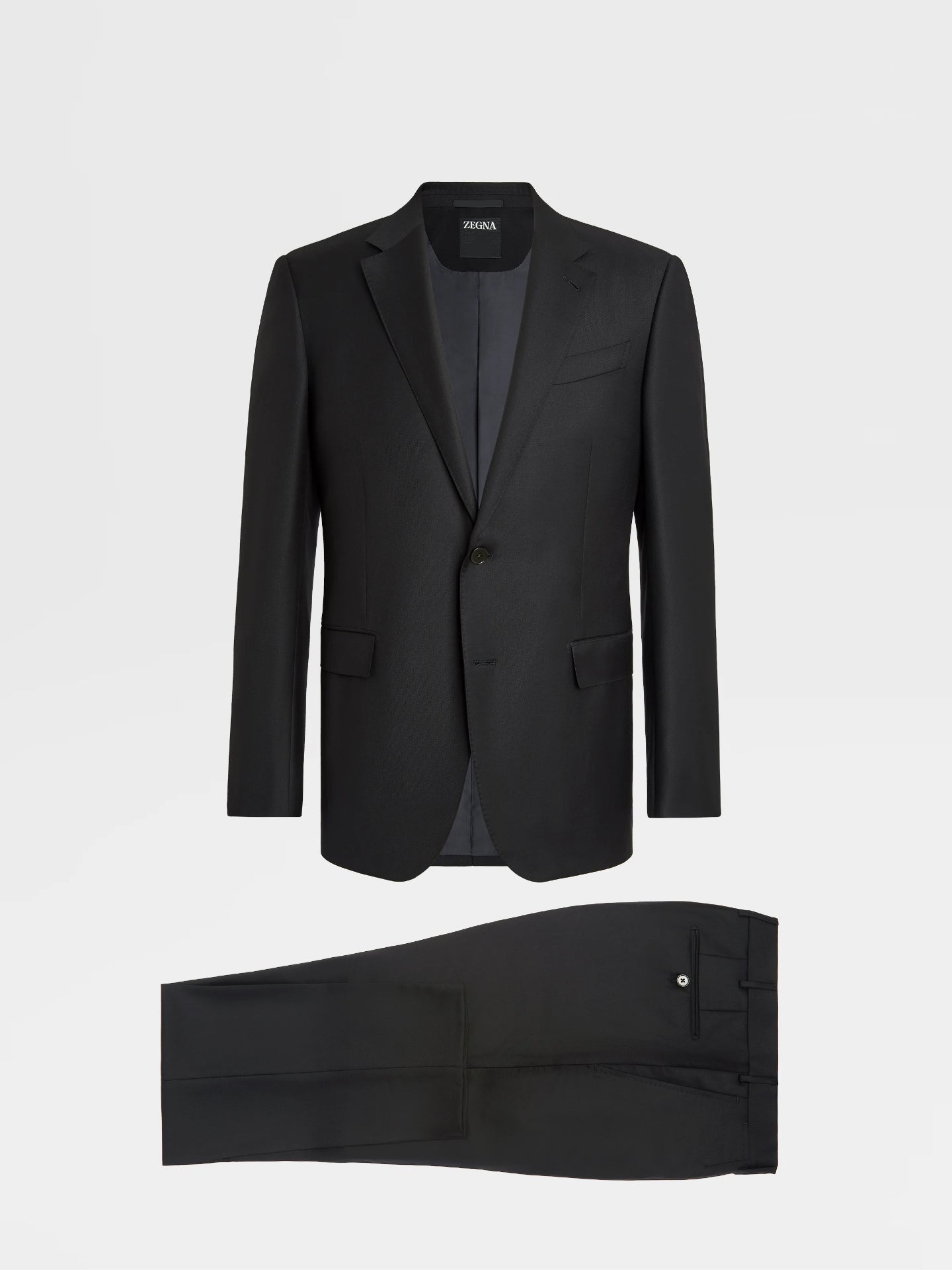 $3,750 ZEGNA - Solid Black Notch Lapel 2-Btn Wool Suit - 46R