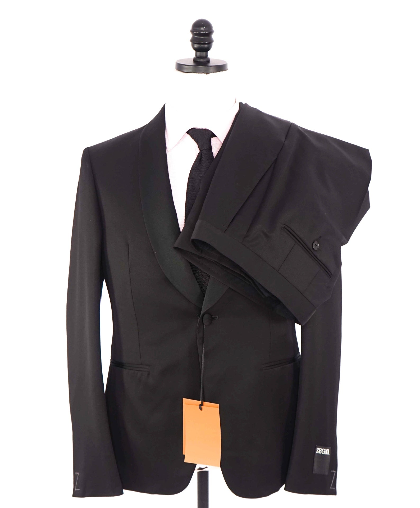 $3,950 ZEGNA - Solid Black Wool/Mohair Shawl Lapel Tuxedo - 38S