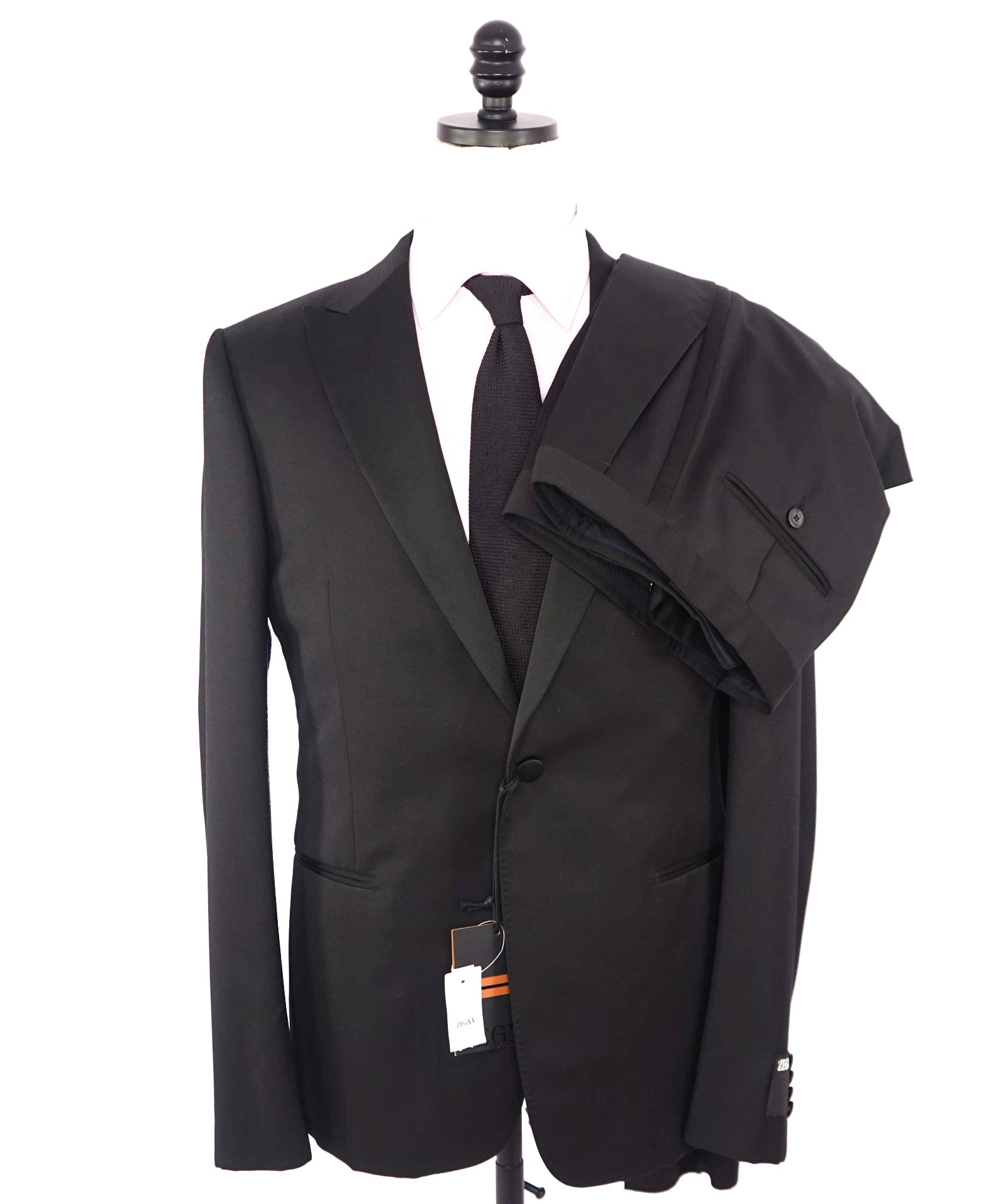 $3,990 ZEGNA - Solid Black Wool Peak Lapel Tuxedo - 46R