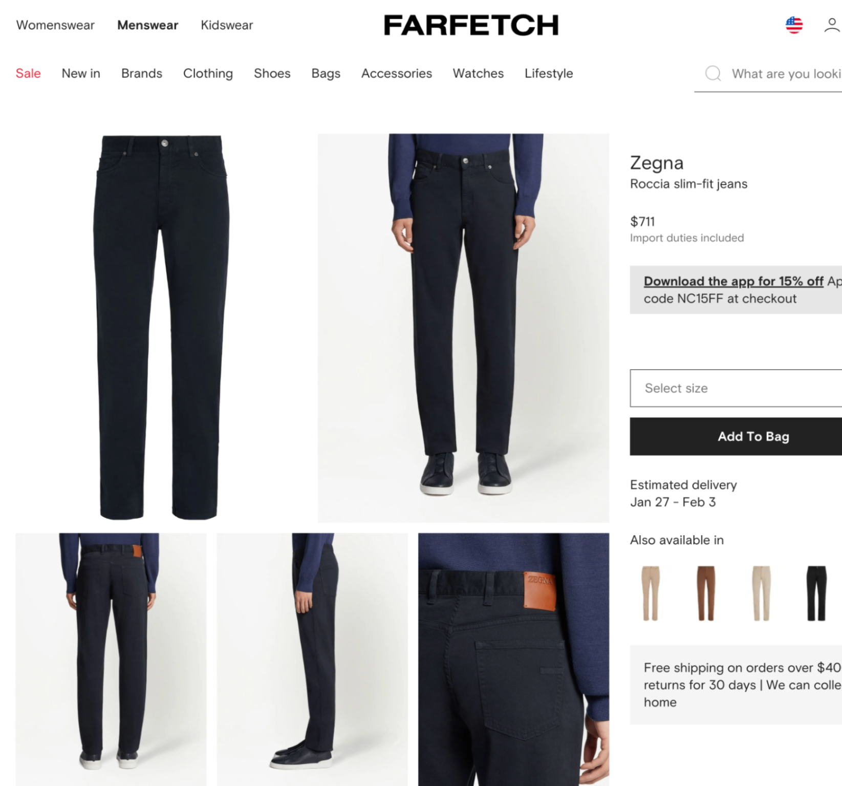 $690 ZEGNA - Navy Blue Cotton/Elastane 5-Pocket Chinos - 40W
