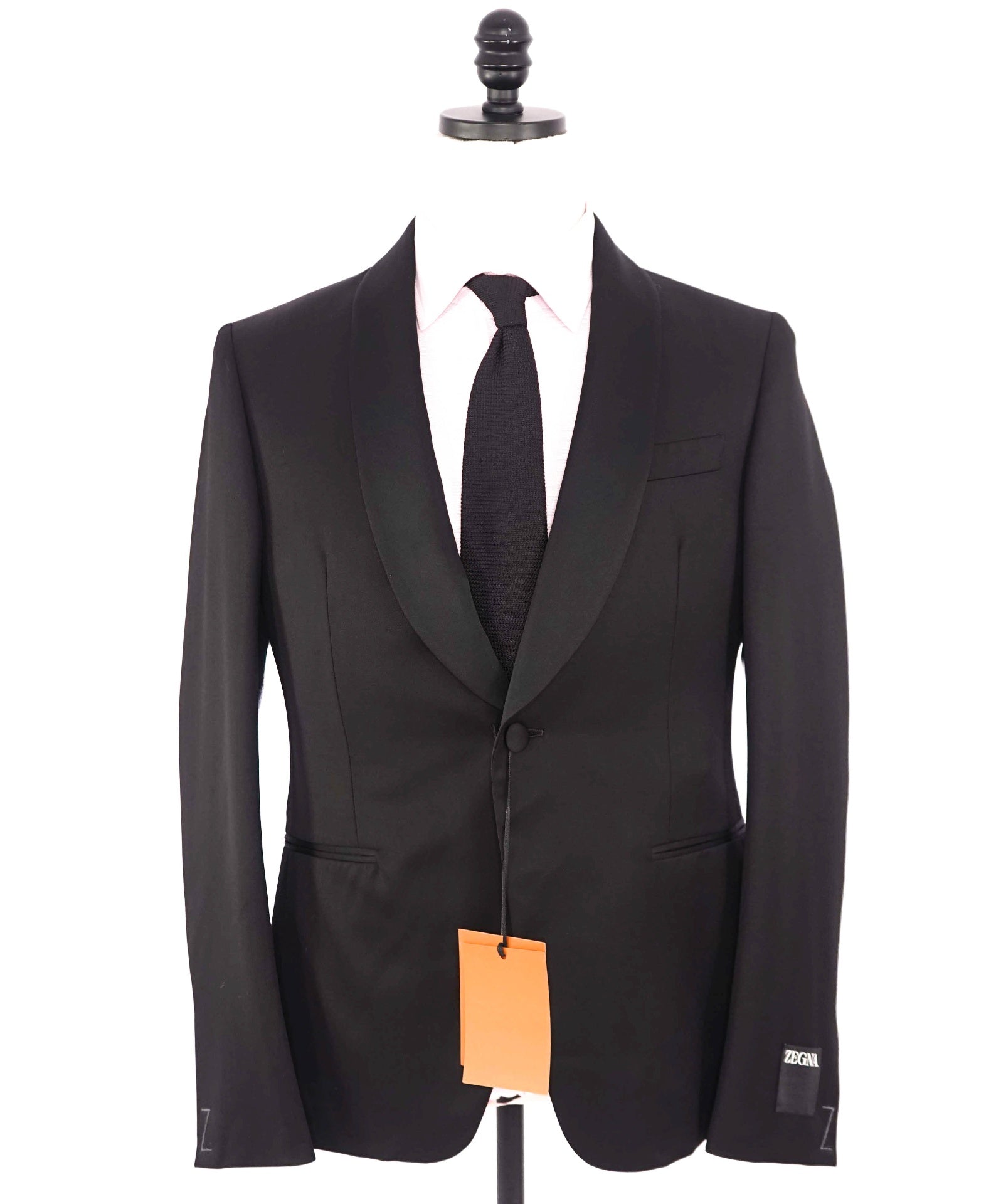 $3,950 ZEGNA - Solid Black Wool/Mohair Shawl Lapel Tuxedo - 38S