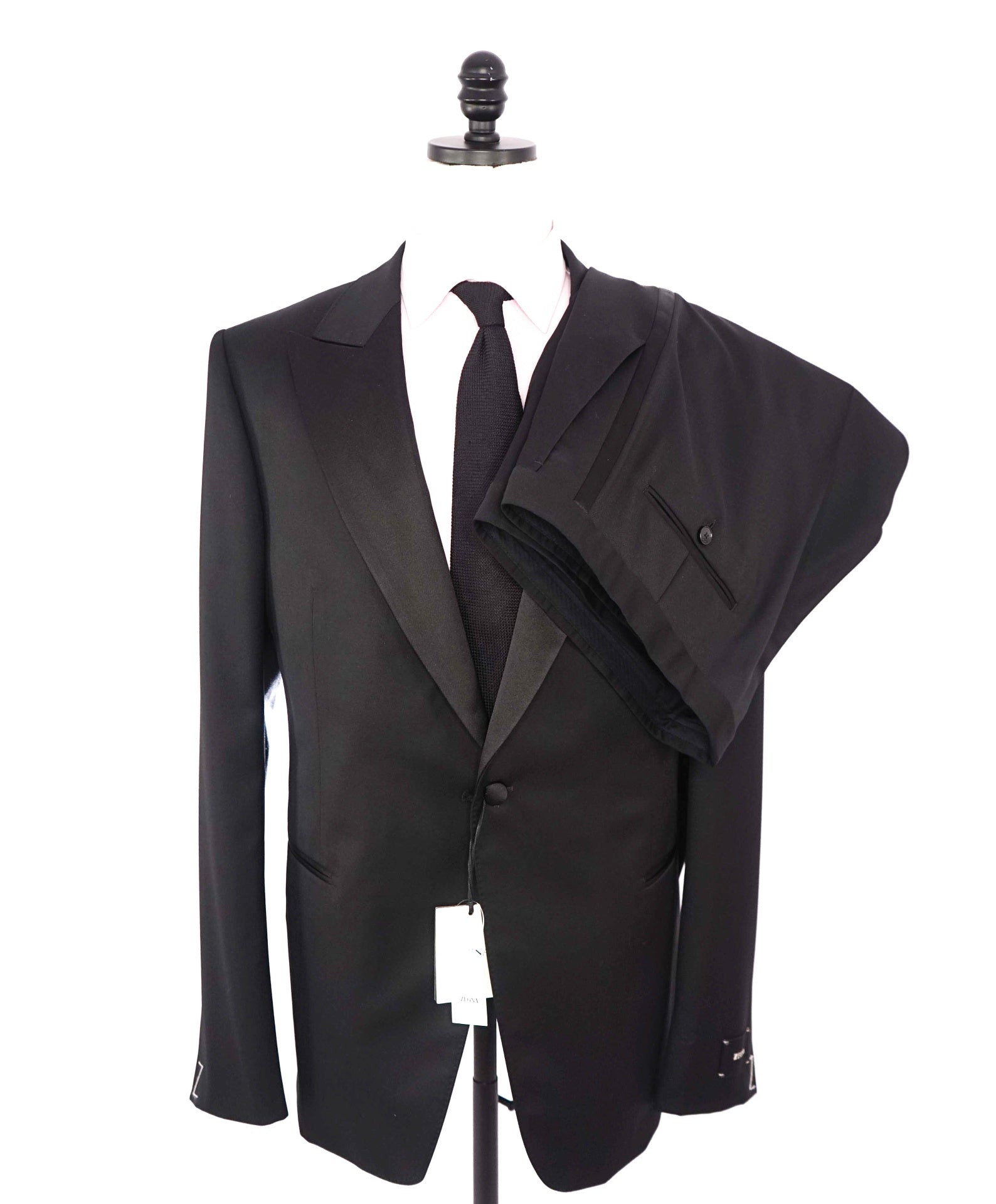 $1,570 Z ZEGNA - Solid Black Wool Peak Lapel Tuxedo - 48L