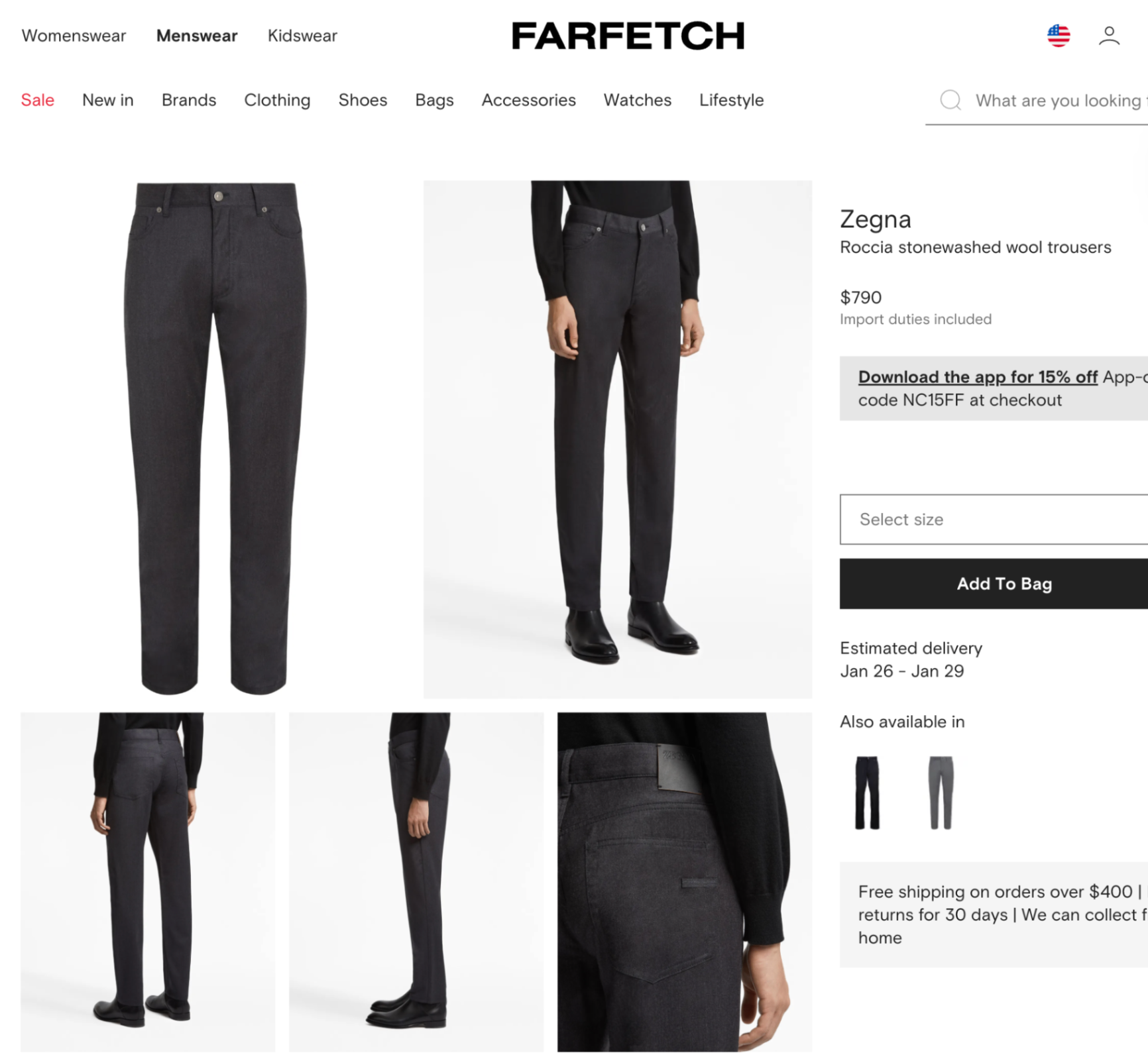 $695 ZEGNA - Solid Gray Wool 5-Pocket Pants - 44W