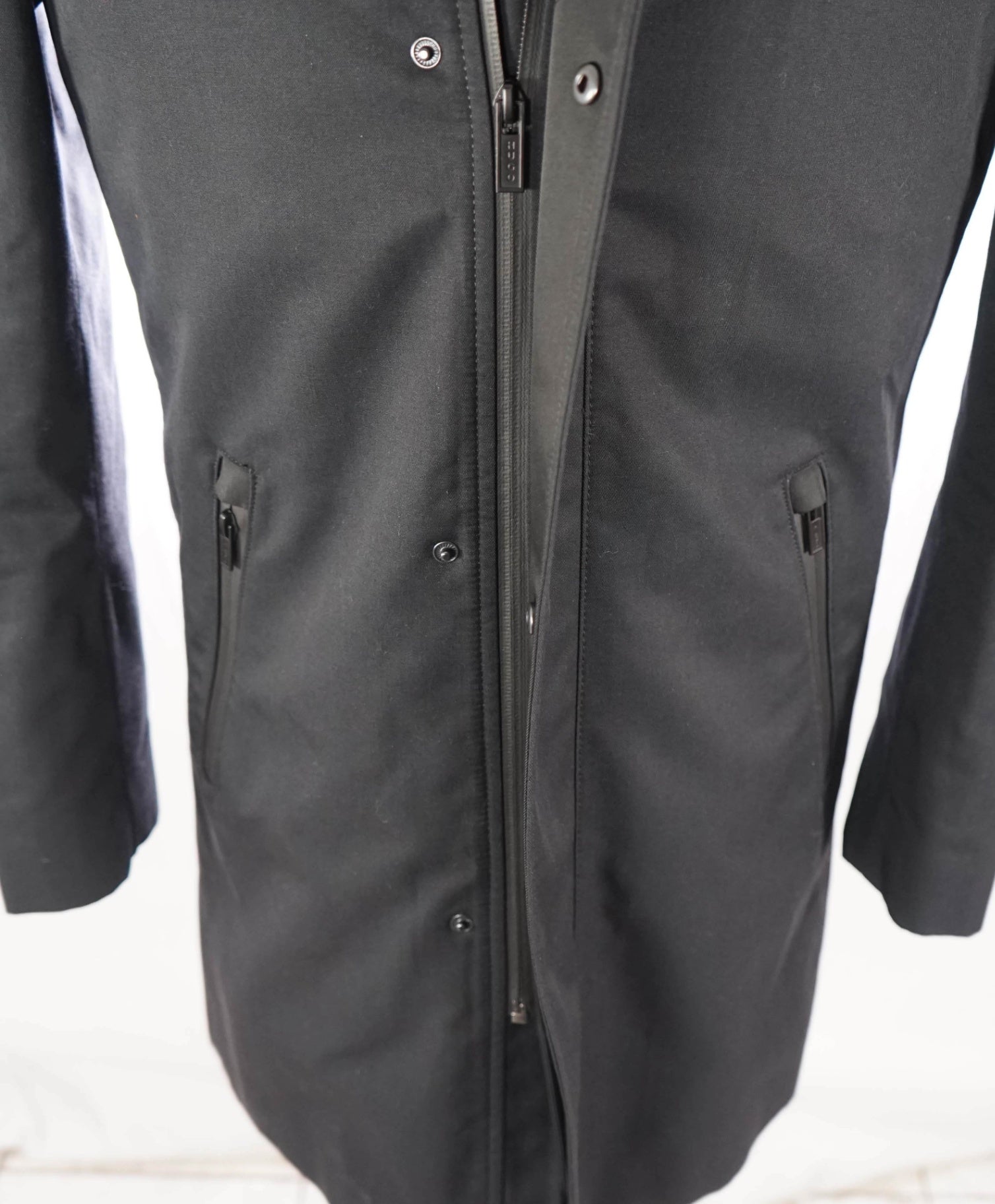$550 HUGO BOSS - Solid Black Cotton Blend Rain/Top Coat - 34R