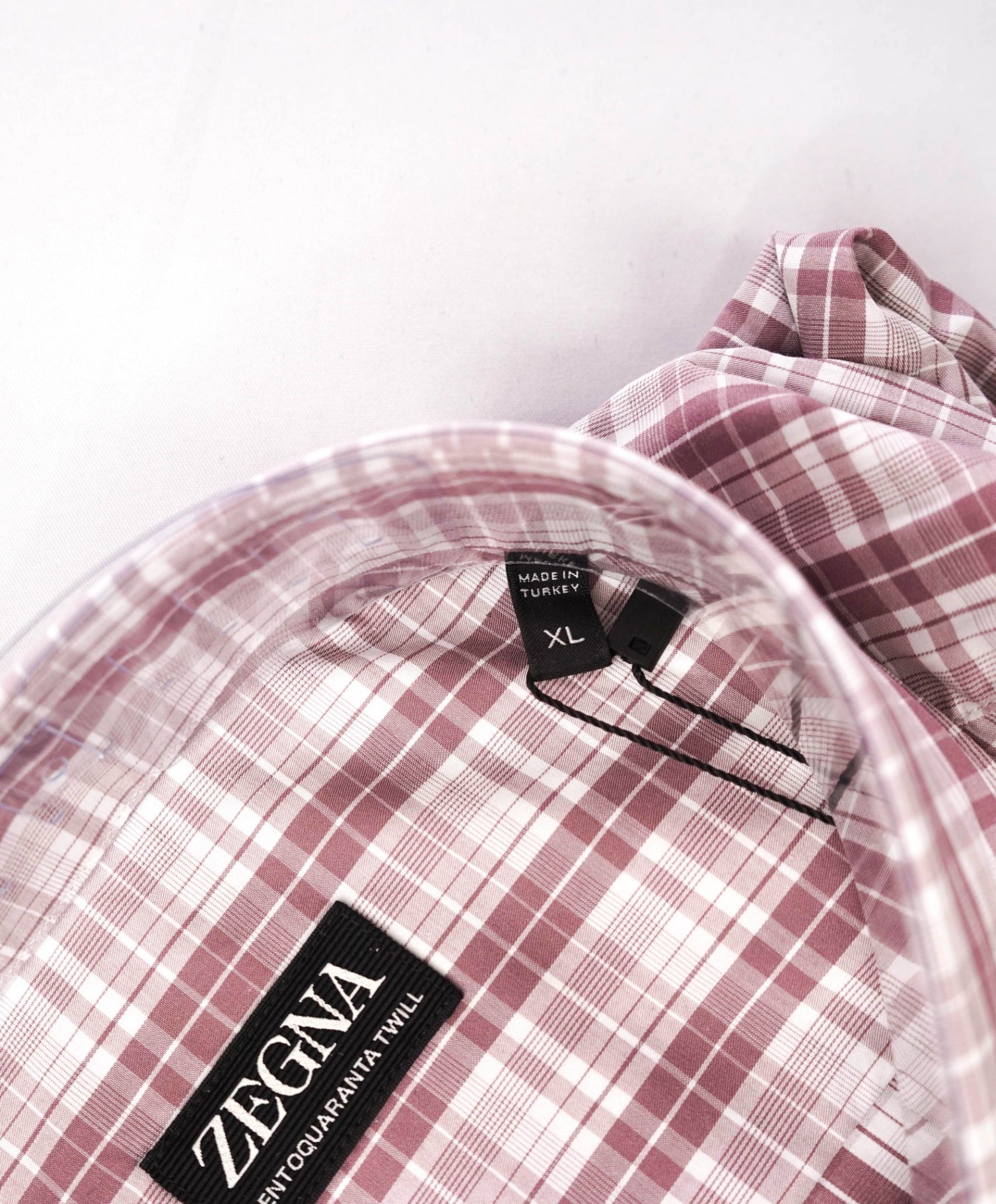 $595 ZEGNA - Pink Plaid "CENTOQUARANTA TWILL" Cotton Shirt - XL