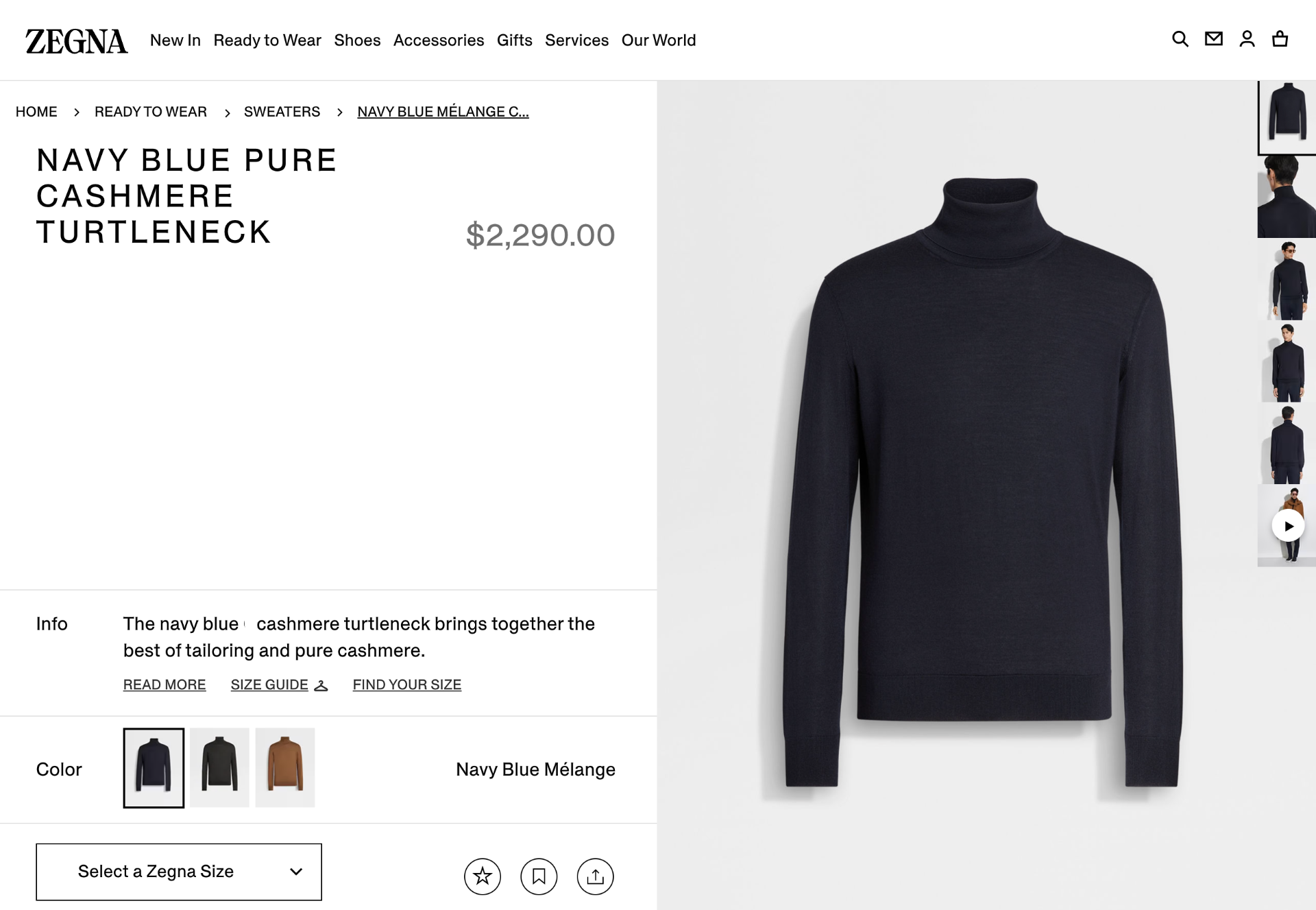 $2,290 ZEGNA - Navy PURE CASHMERE Turtleneck Sweater - XXL (56EU)