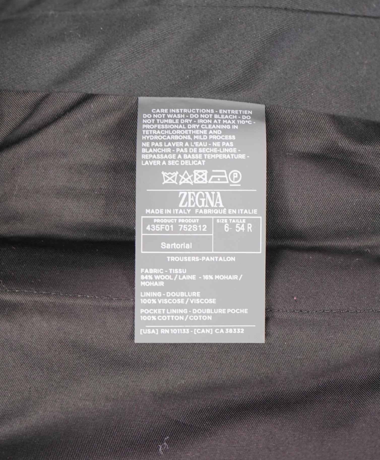 $890 ZEGNA - Black Wool/Mohair Tuxedo Pants - 36W