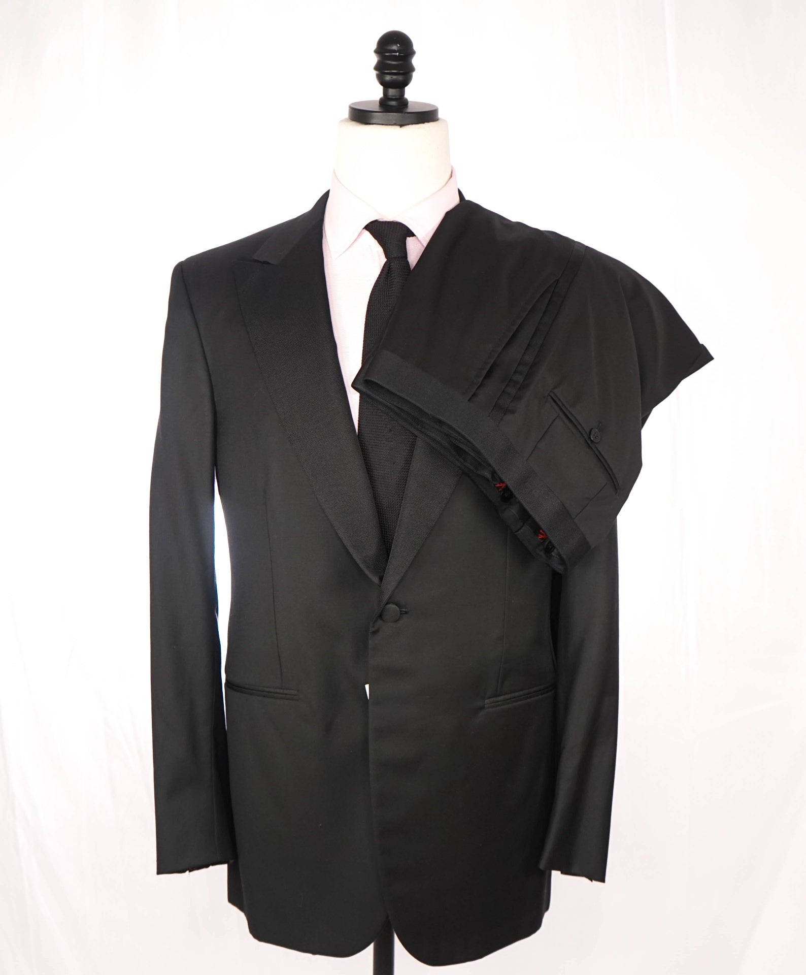 $4,595 ISAIA - "AQUASPIDER" Solid Black Wool Peak Lapel Tuxedo - 44L