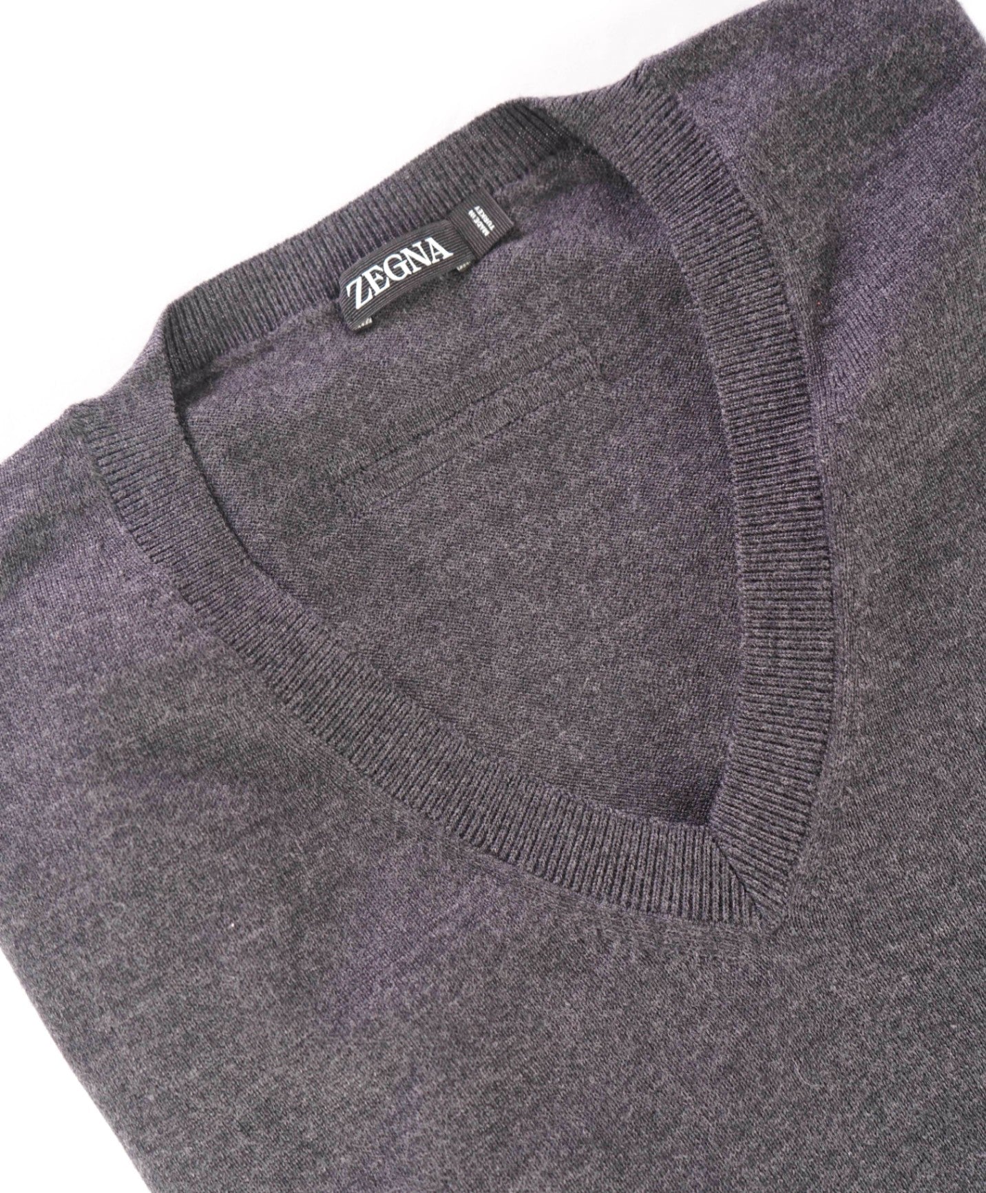 $315 ZEGNA - Solid Gray Wool V-Neck Sweater - XL