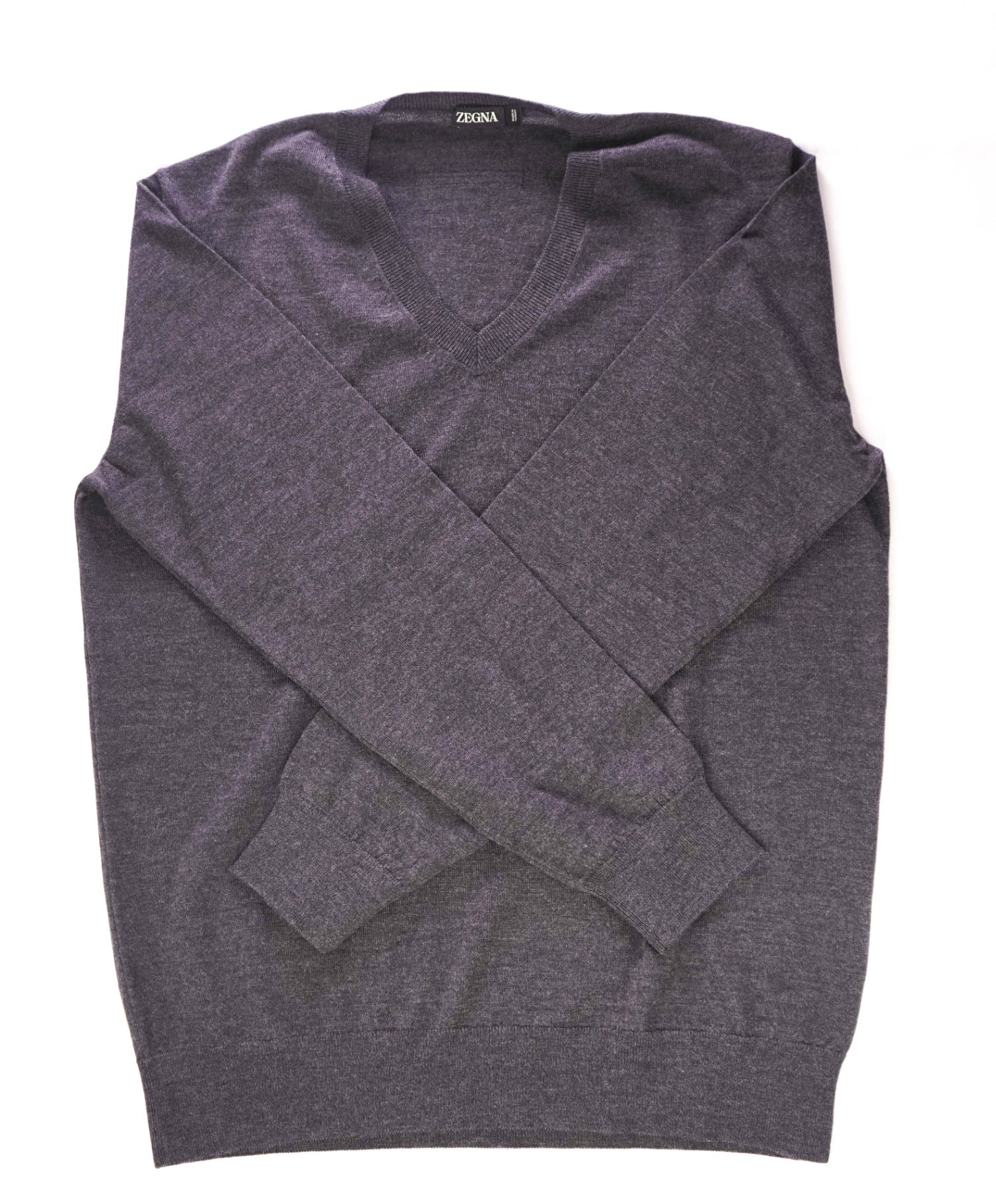 $315 ZEGNA - Solid Gray Wool V-Neck Sweater - XL