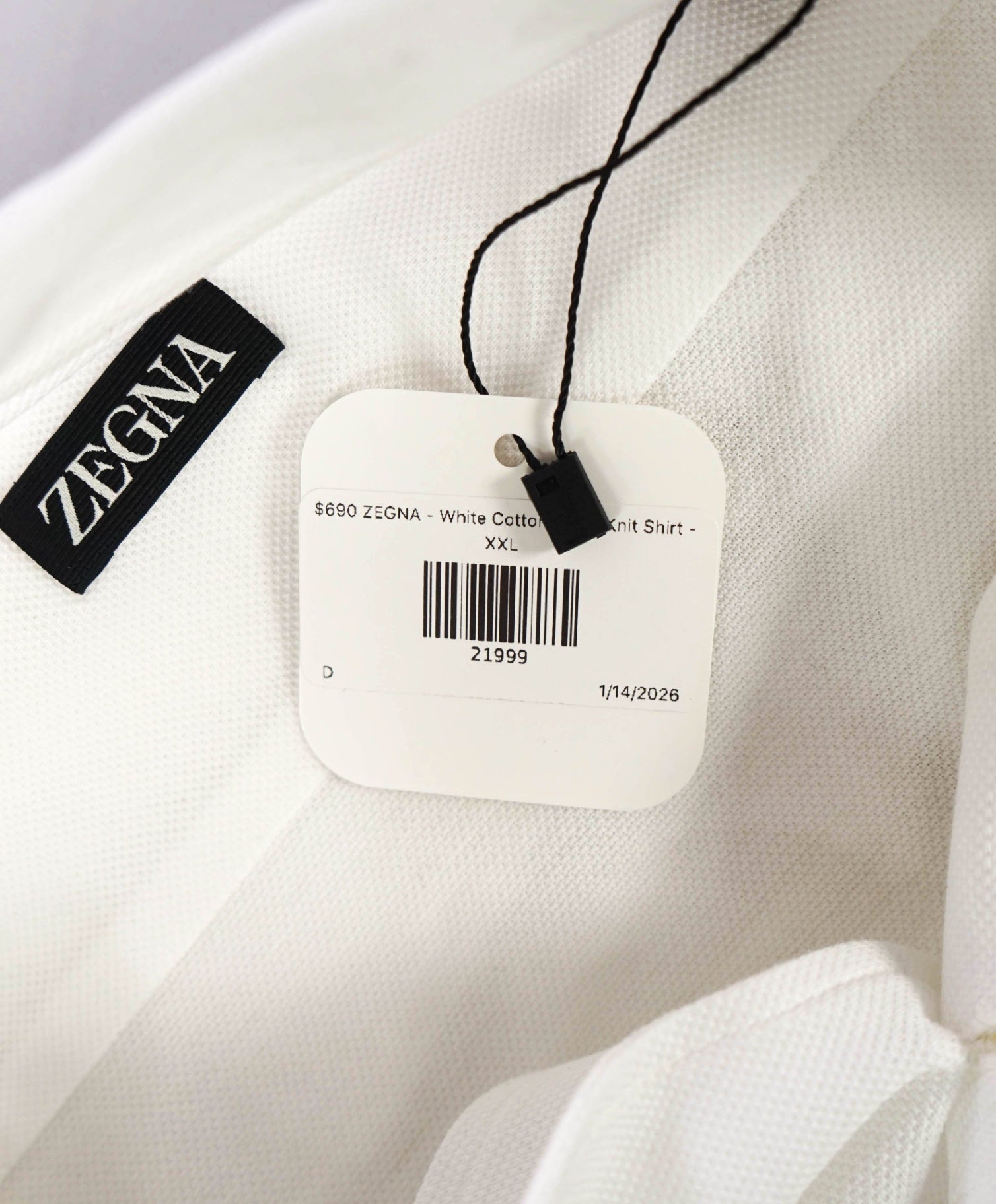 $690 ZEGNA - White Cotton Pique Knit Shirt - XXL