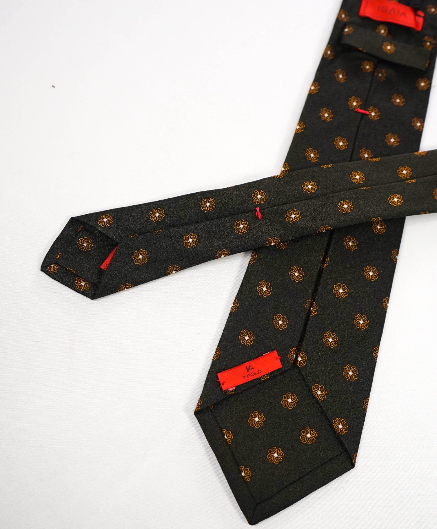 $295 ISAIA - "7 FOLD" Dark Green Medallion Silk 3.25" Tie