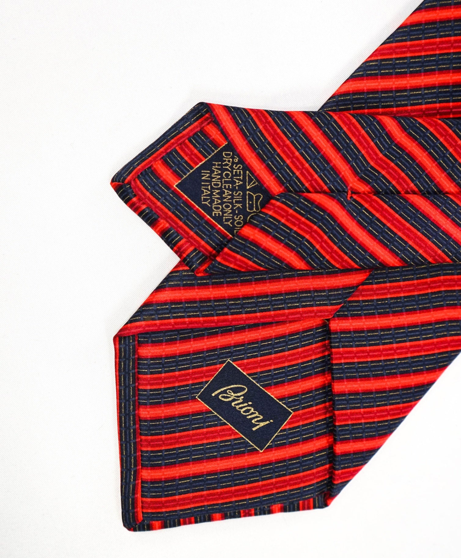 $295 BRIONI - Red/Navy Stripe Silk 3.5" Tie