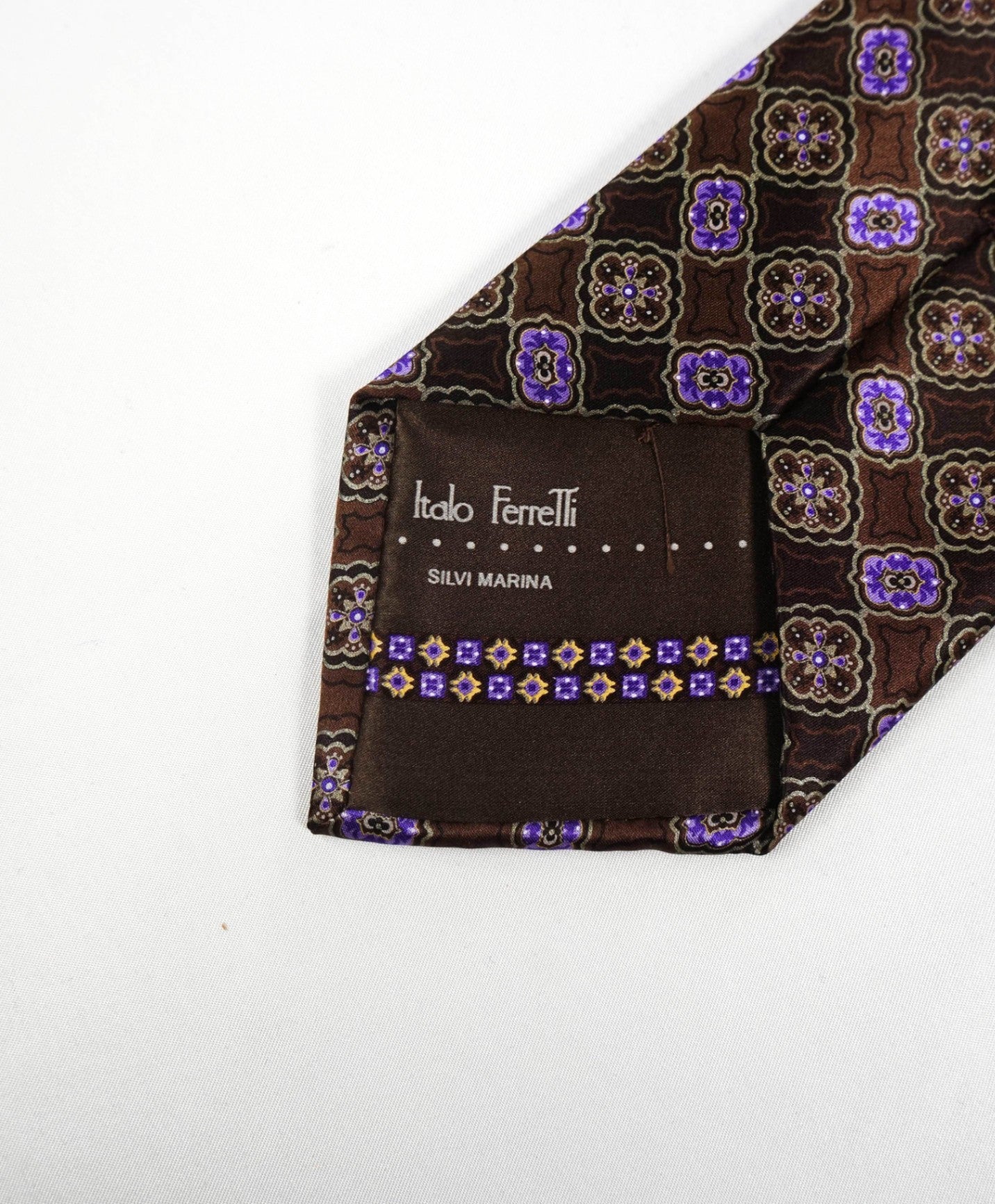 $265 ITALO FERRETTI - Brown/Purple Medallion Printed Silk 3.5" Tie