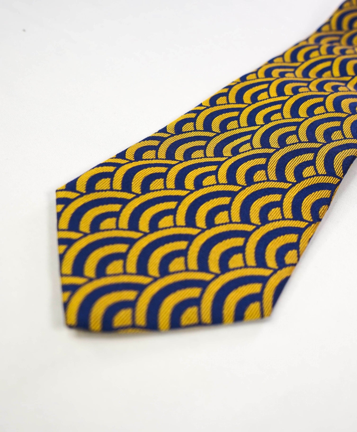 $315 TURNBULL & ASSER - Blue/Gold Seigaiha Silk 3.5" Tie