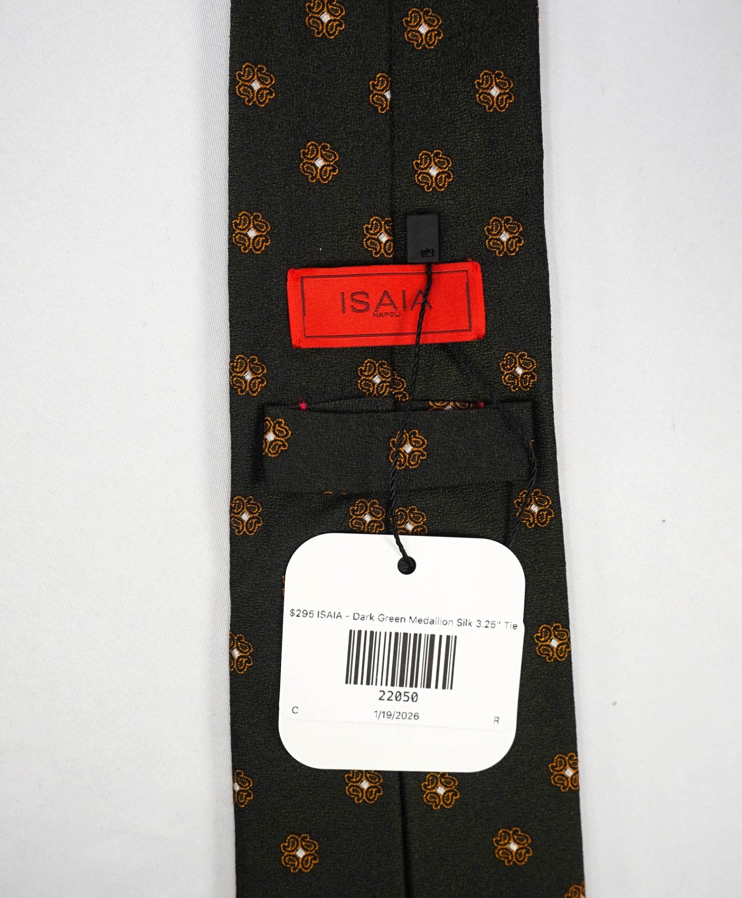 $295 ISAIA - "7 FOLD" Dark Green Medallion Silk 3.25" Tie