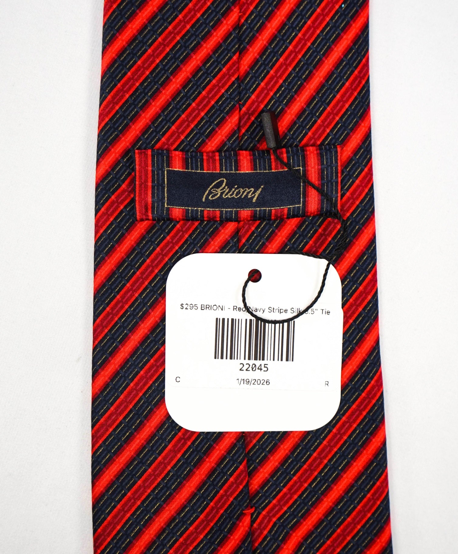 $295 BRIONI - Red/Navy Stripe Silk 3.5" Tie