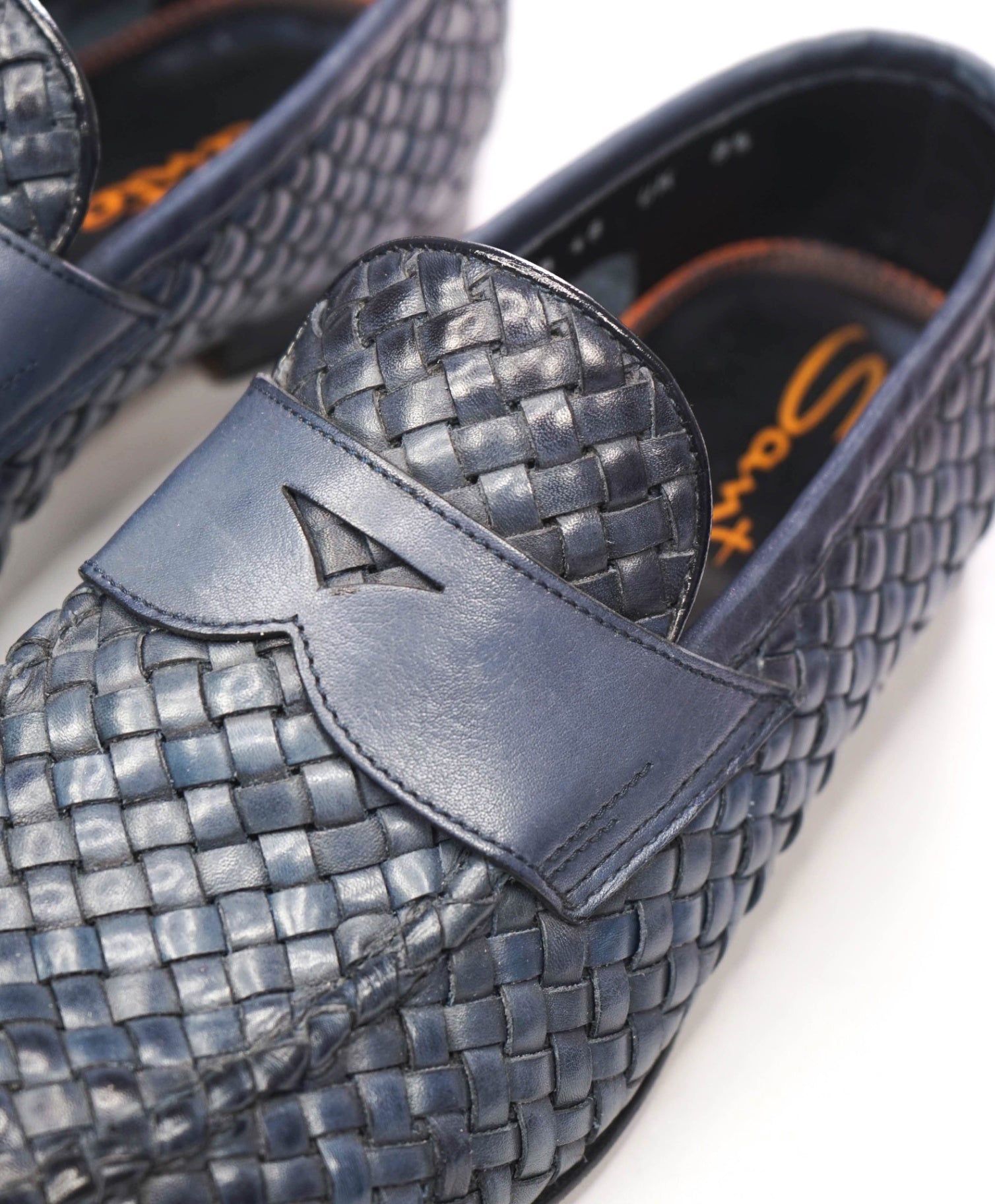 $1,080 SANTONI - Blue Hand Antiqued Woven Penny Loafer - US 9.5 (UK8.5)