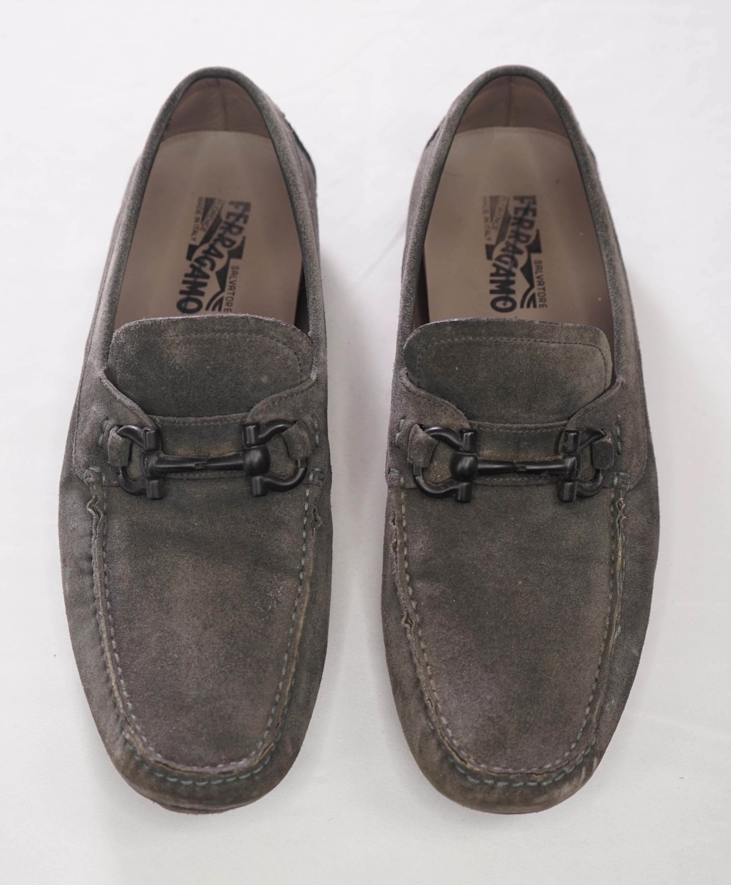 $795 FERRAGAMO - Gray Suede Driving Loafers - 9.5 E