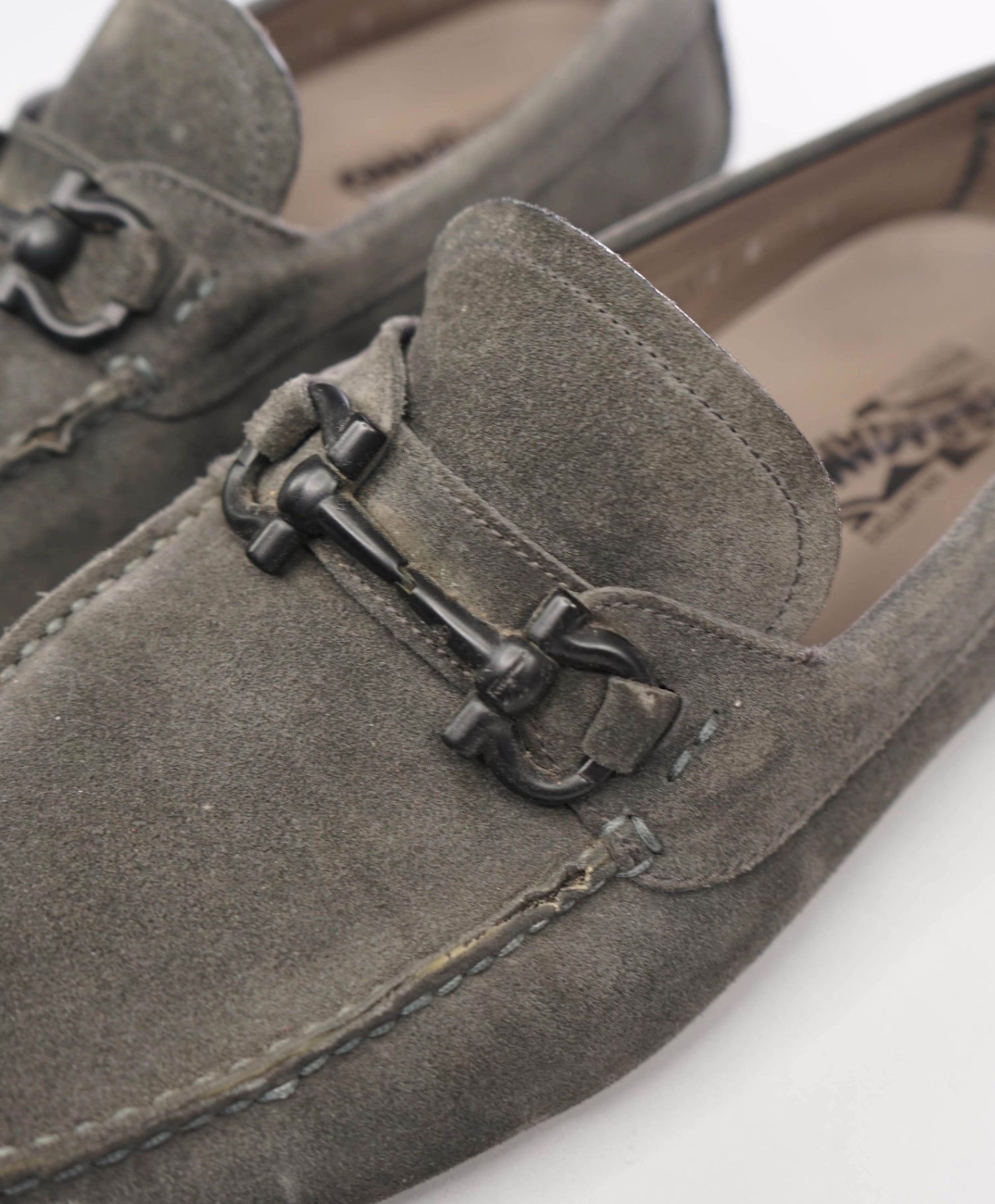 $795 FERRAGAMO - Gray Suede Driving Loafers - 9.5 E