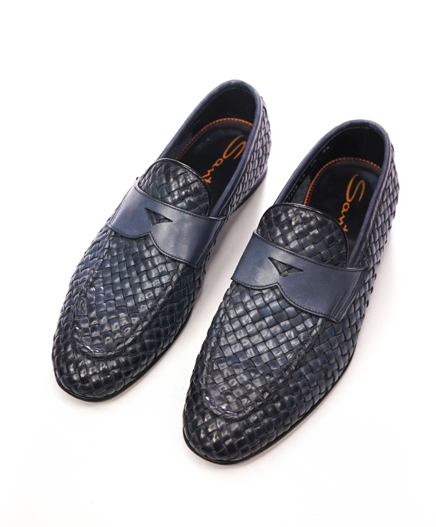 $1,080 SANTONI - Blue Hand Antiqued Woven Penny Loafer - US 9.5 (UK8.5)